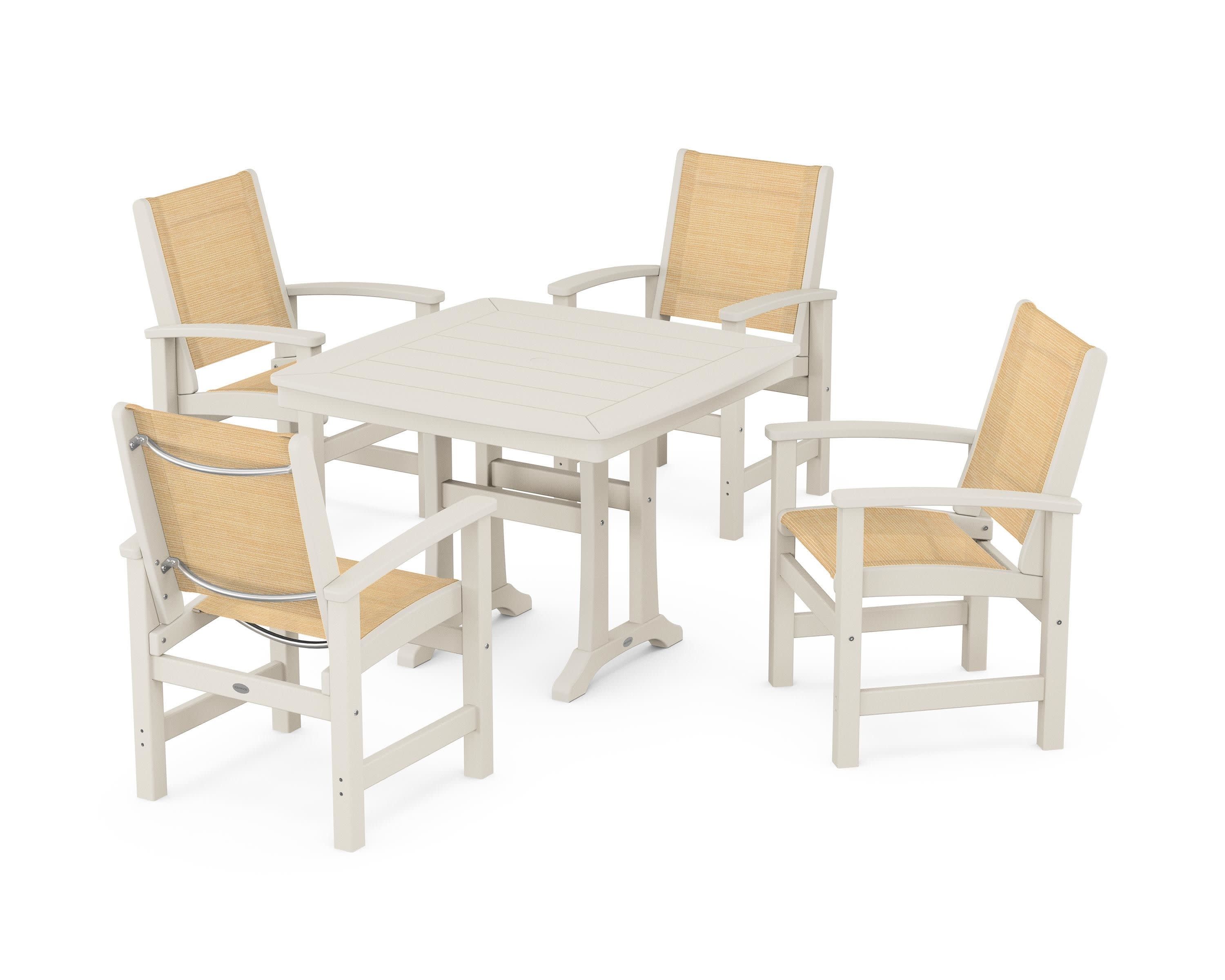 Coastal 5-Piece Dining Set with Trestle Legs in Sand / Dupioni Apricot Sling