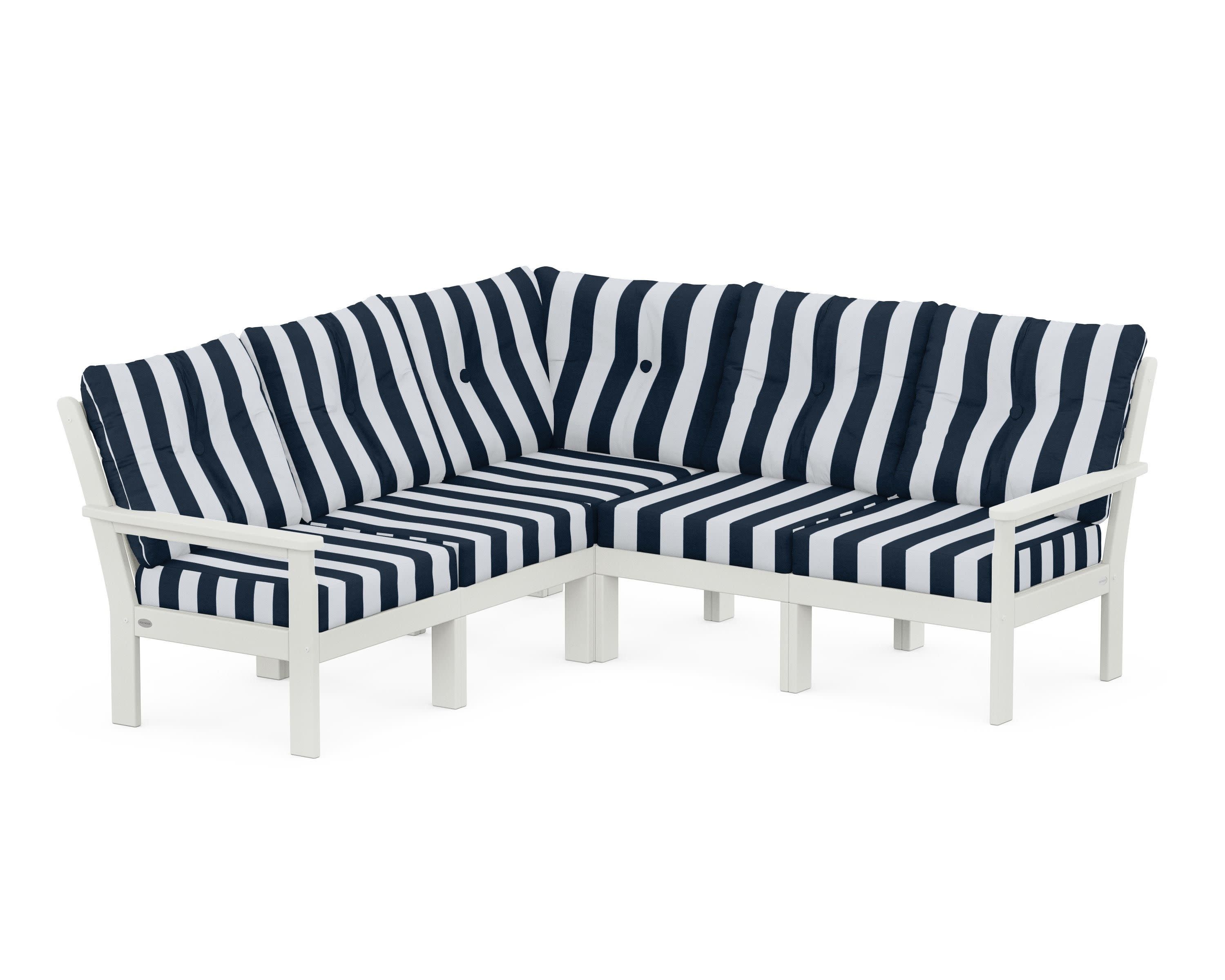 Vineyard 5-Piece Sectional in Vintage White / Cabana Stripe Marine Indigo