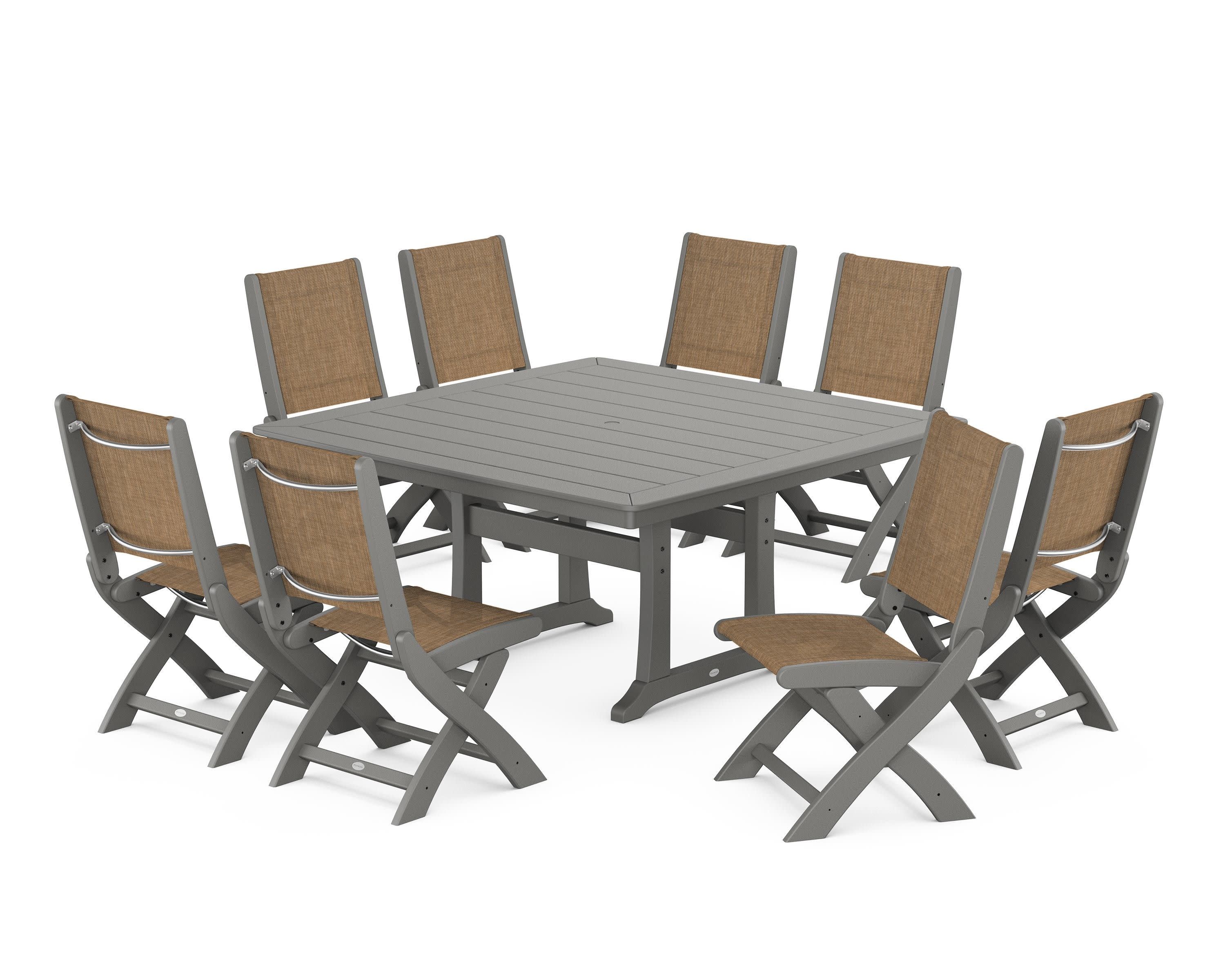 Coastal Folding Side Chair 9-Piece Dining Set with Trestle Legs in Slate Grey / Burlap Sling