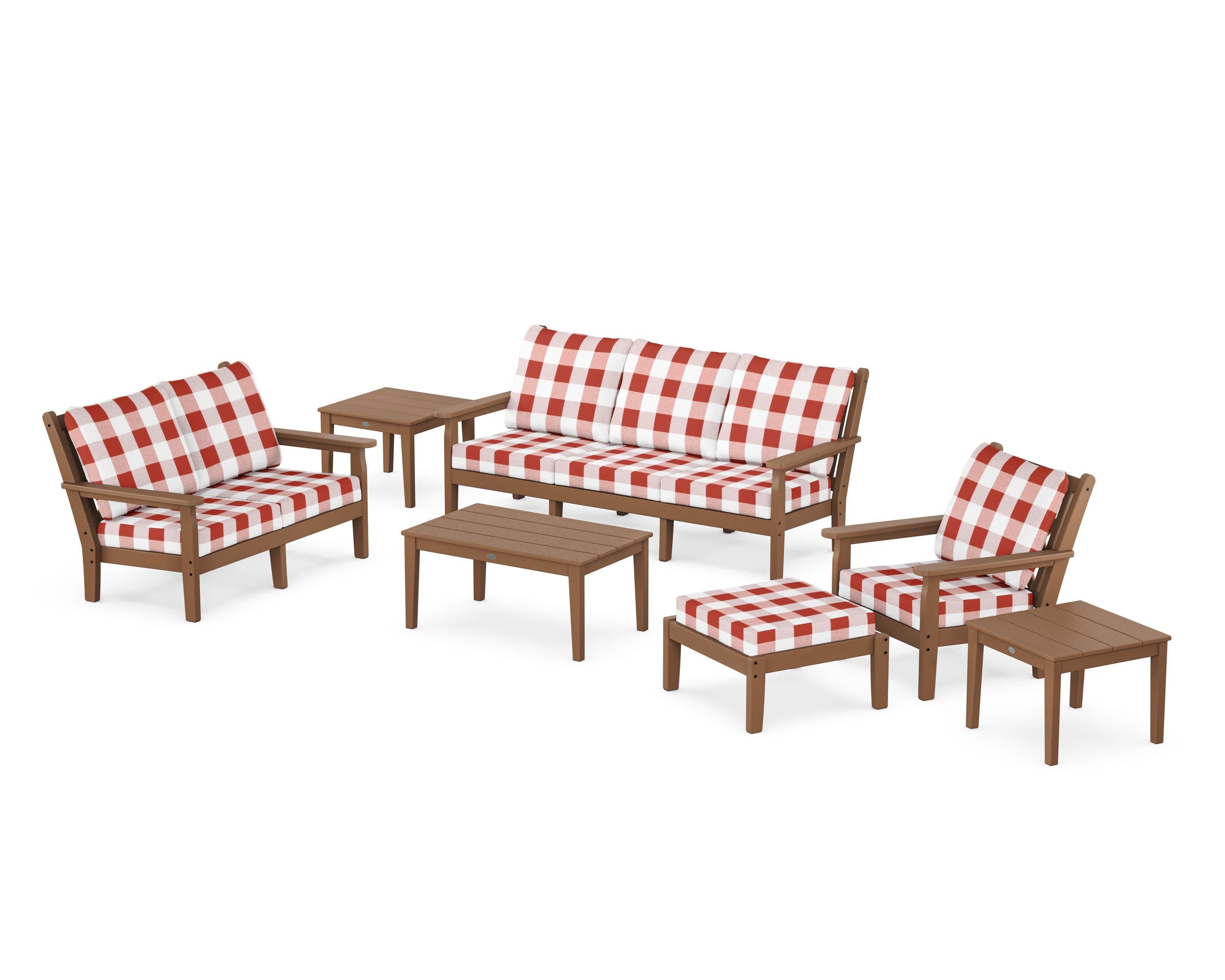 Chippendale 7-Piece Deep Seating Set in Teak / Buffalo Plaid Crimson