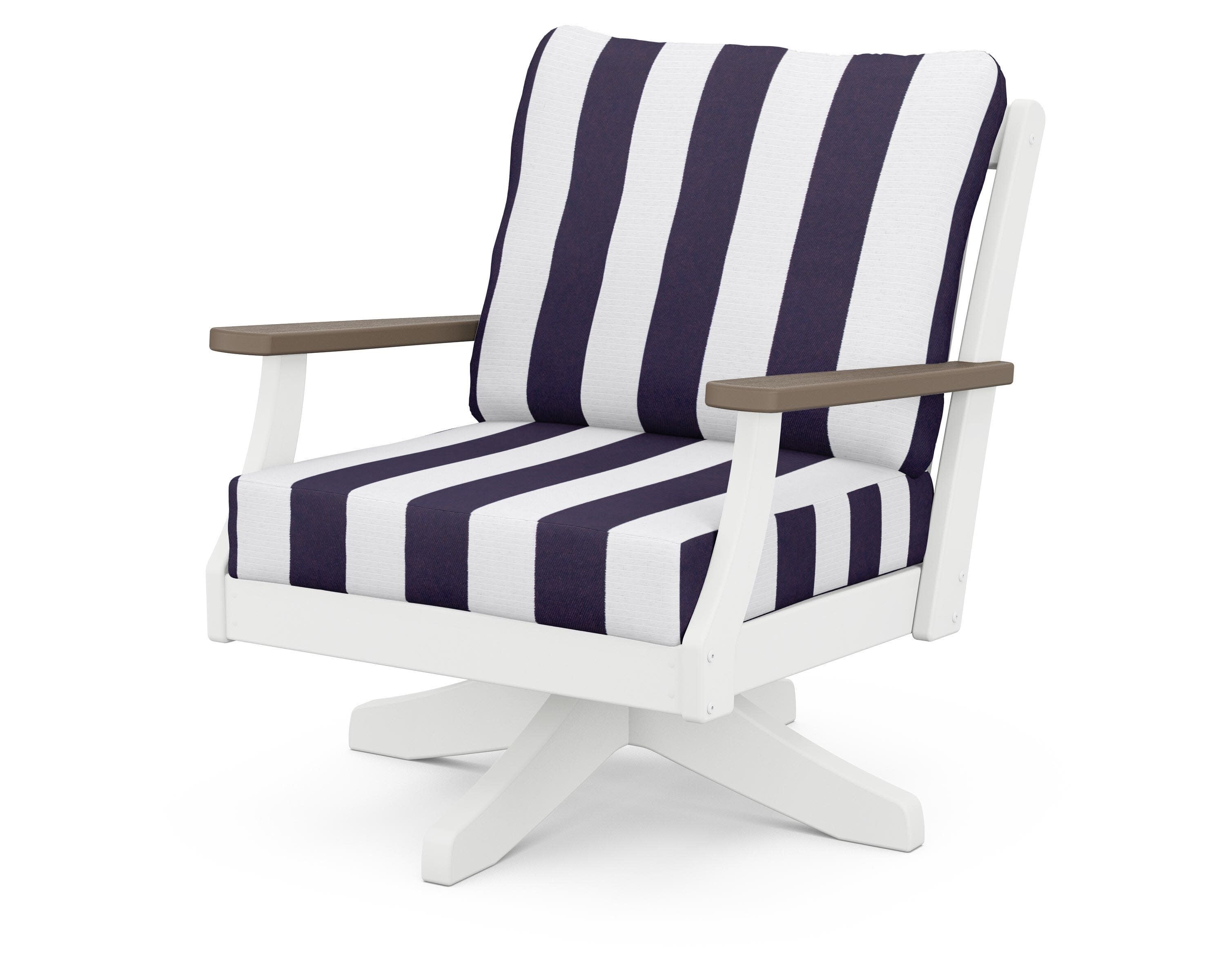 Braxton Deep Seating Swivel Chair in White / Kona / Cabana Stripe Navy