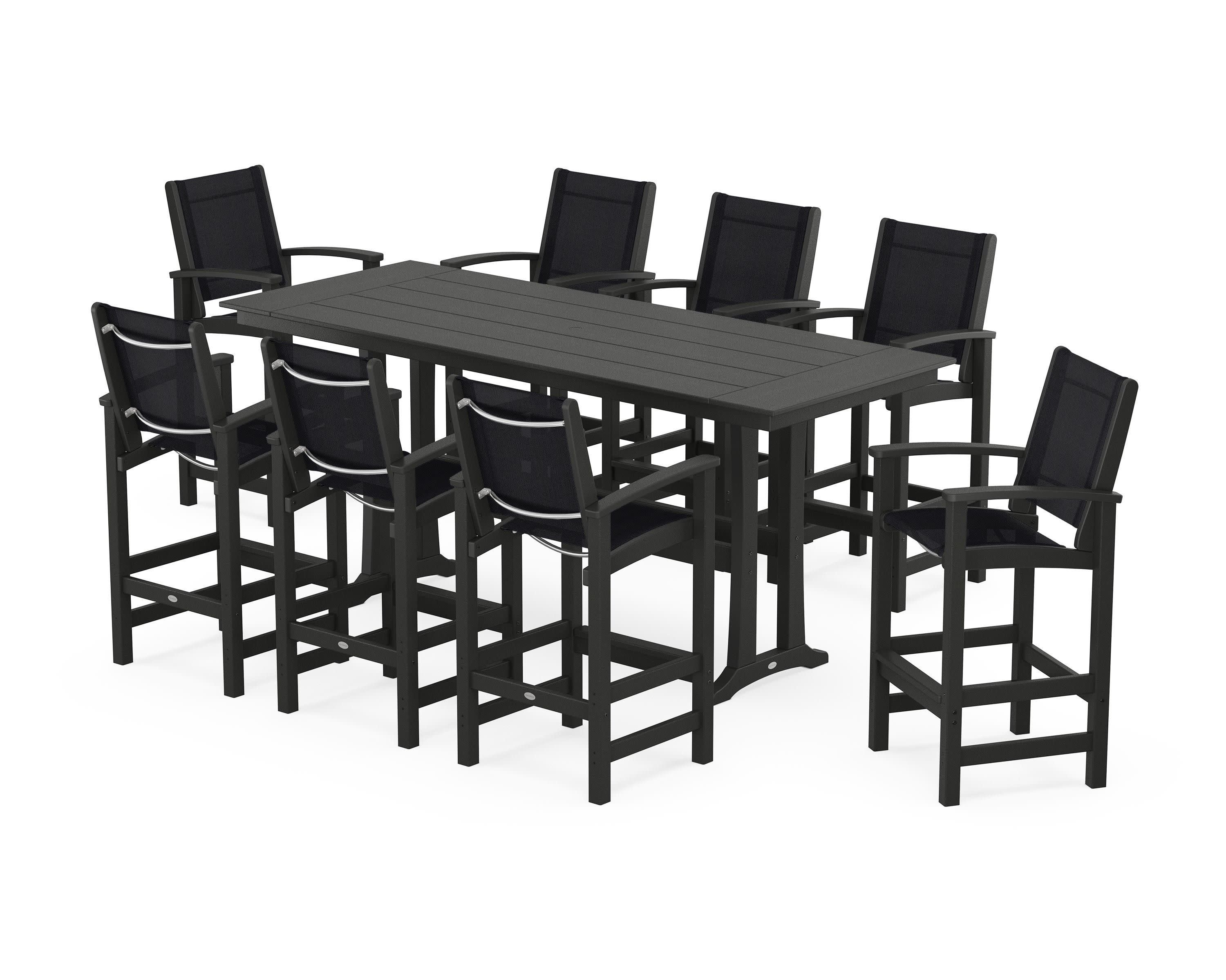 Coastal 9-Piece Farmhouse Bar Set with Trestle Legs in Black / Black Sling