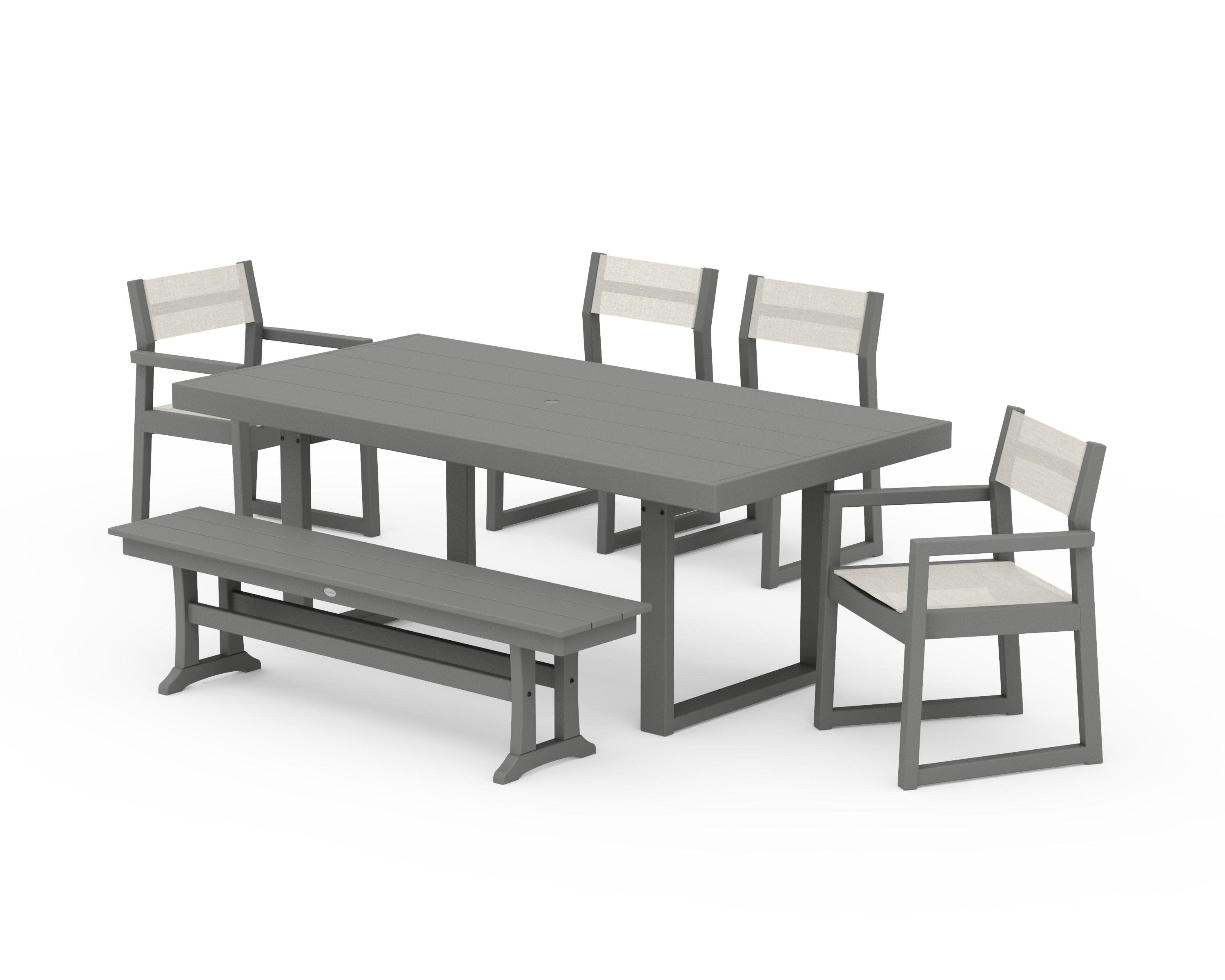 EDGE Sling 6-Piece Dining Set with Bench in Slate Grey / Parchment Sling