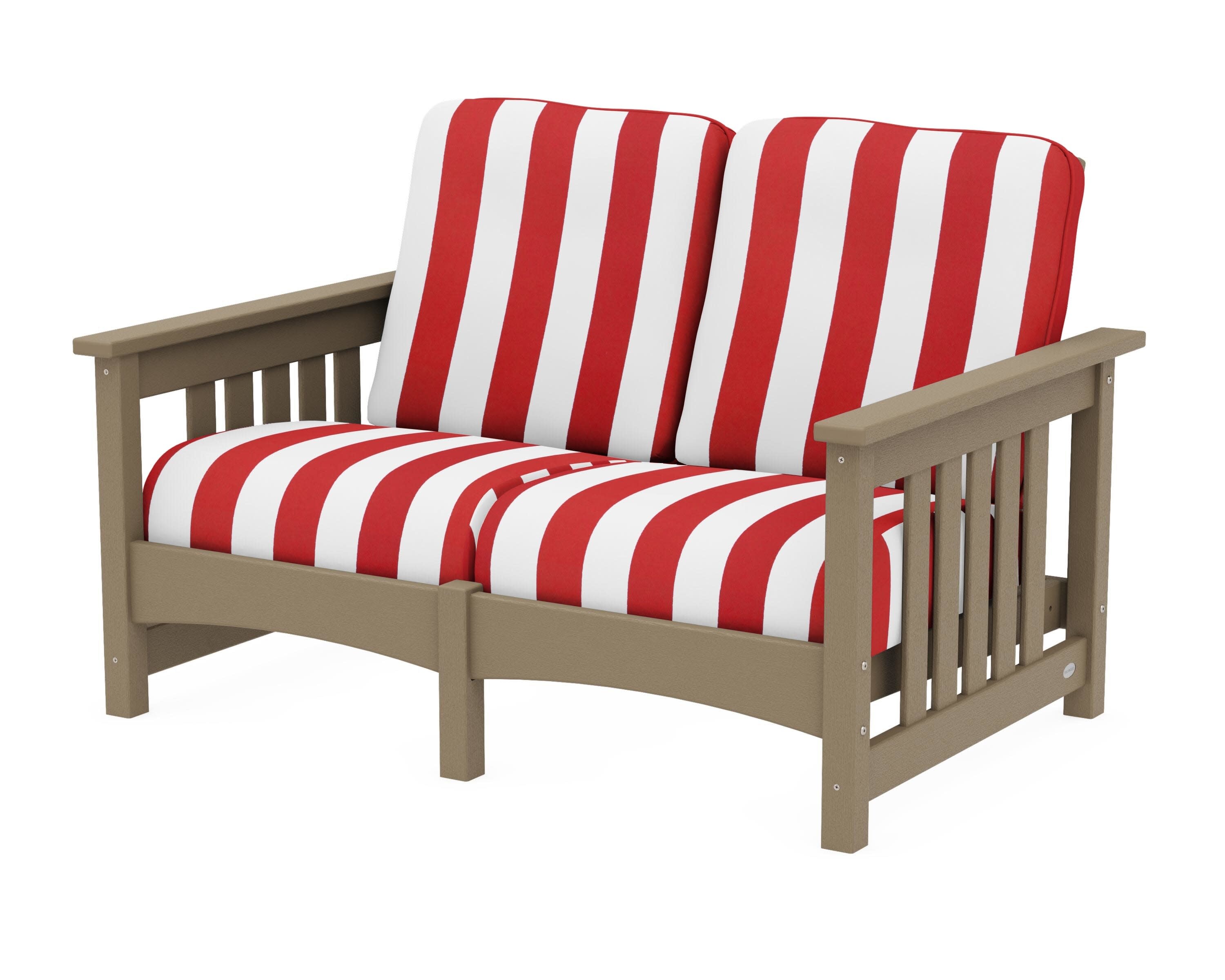 Club Mission Loveseat in Vintage Sahara / Cabana Stripe Crimson