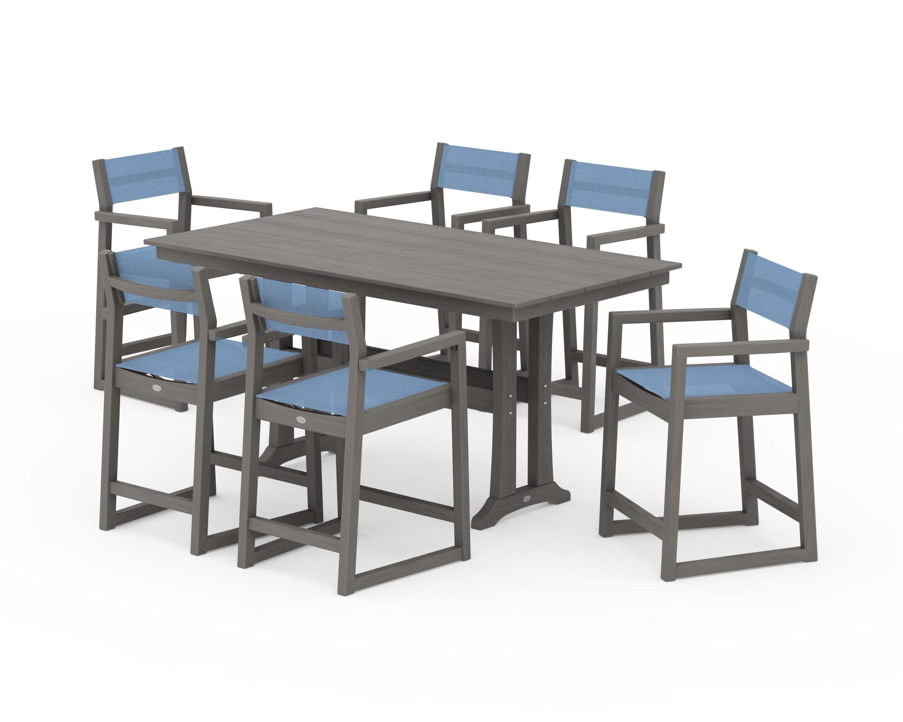 EDGE Sling Arm Chair 7-Piece Farmhouse Counter Set with Trestle Legs in Driftwood / Poolside Sling