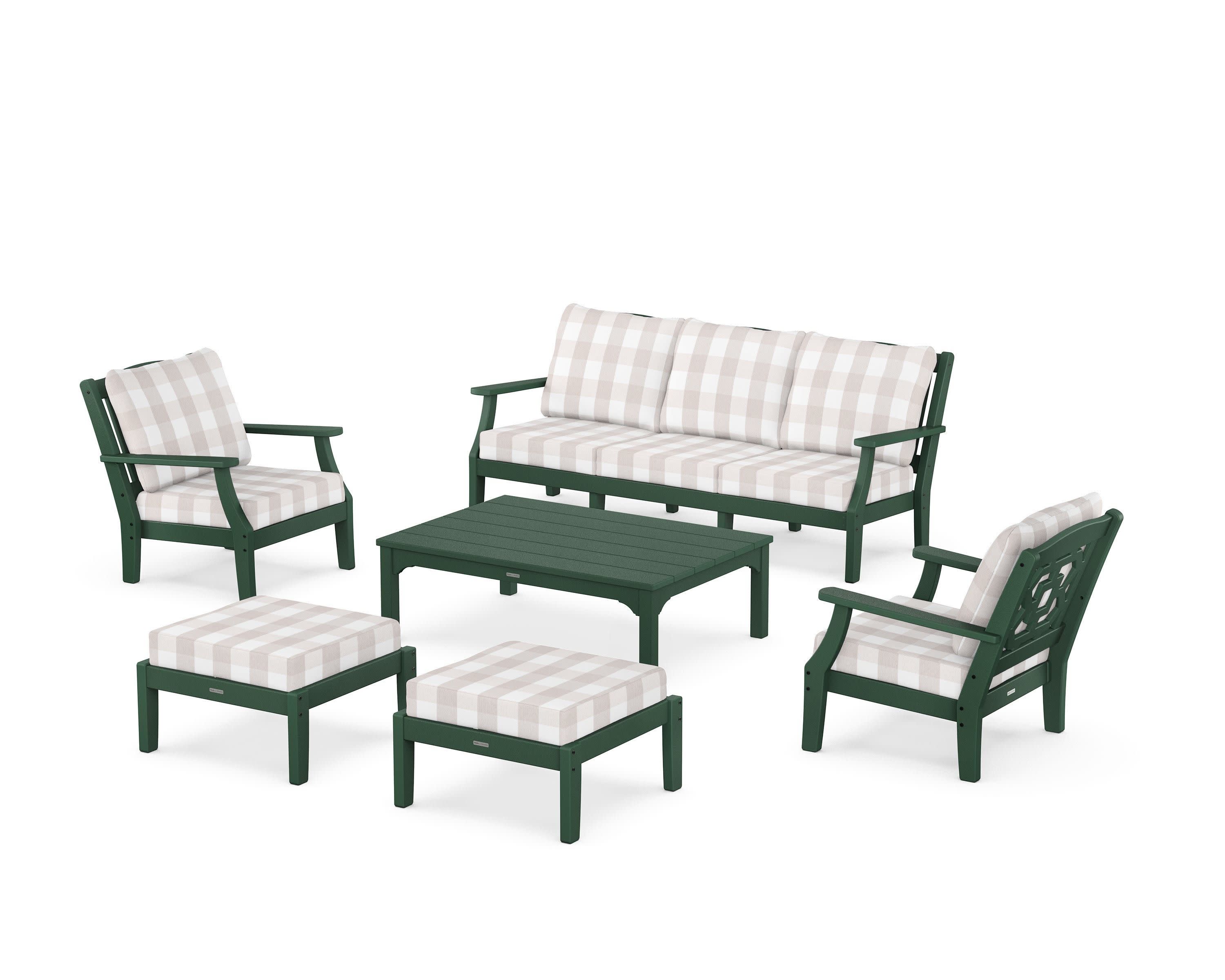 Chinoiserie 6-Piece Lounge Sofa Set in Green / Buffalo Plaid Dune Burlap