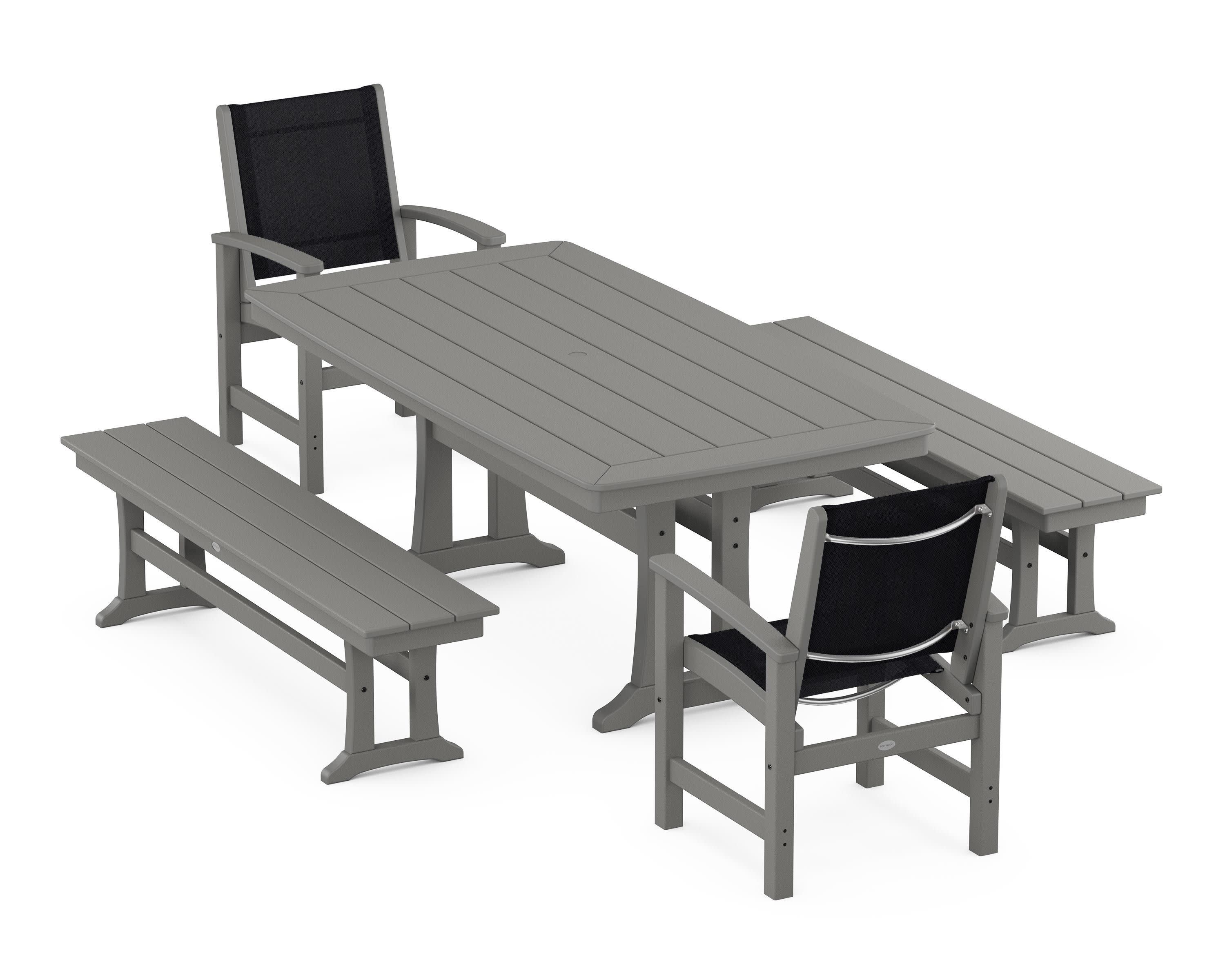 Coastal 5-Piece Dining Set with Trestle Legs and Benches in Slate Grey / Black Sling