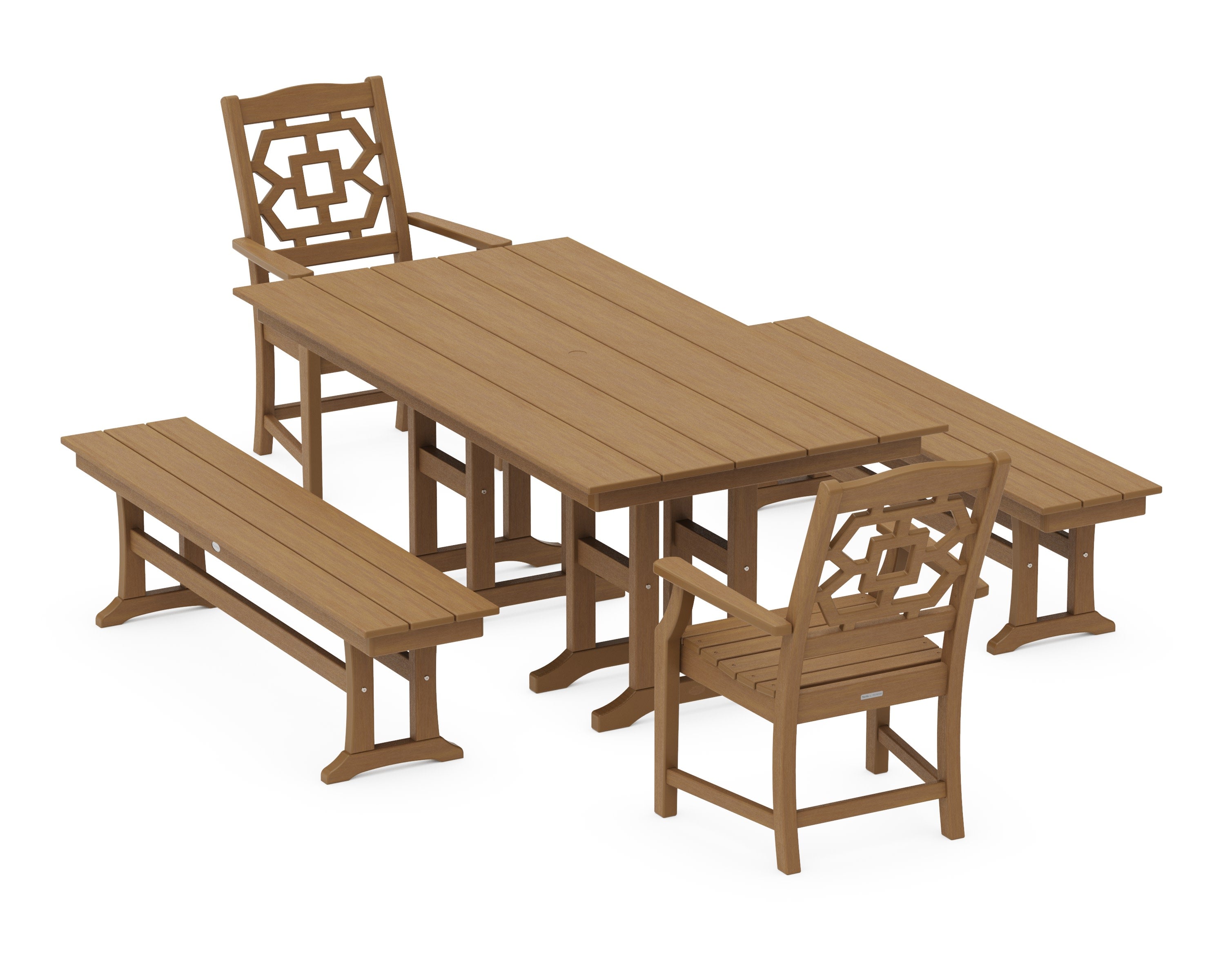 Chinoiserie 5-Piece Farmhouse Dining Set with Benches in Natural