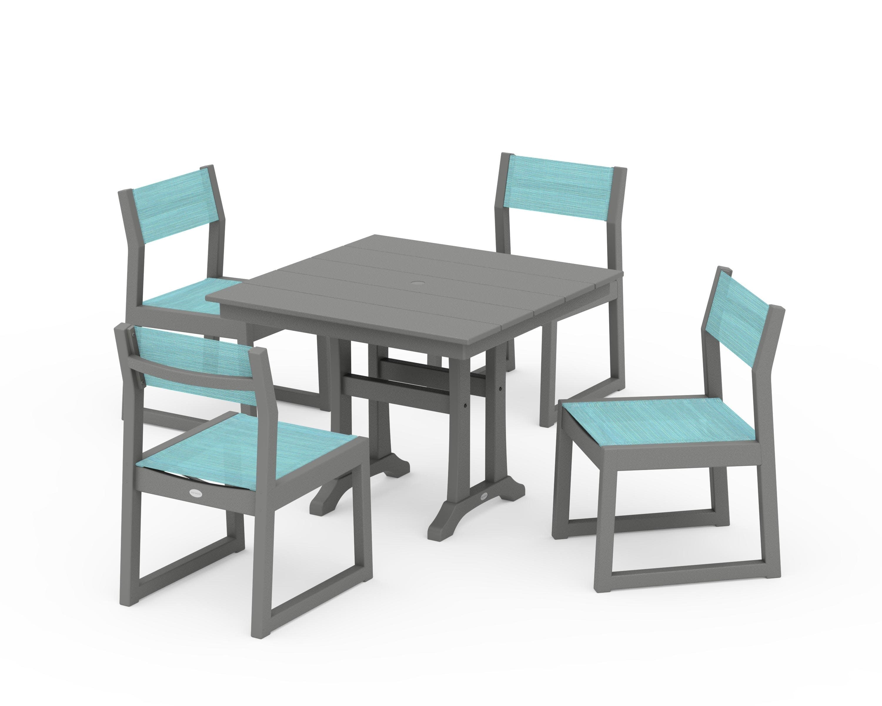 EDGE Sling 5-Piece Farmhouse Trestle Side Chair Dining Set in Slate Grey / Dupioni Aquamarine Sling