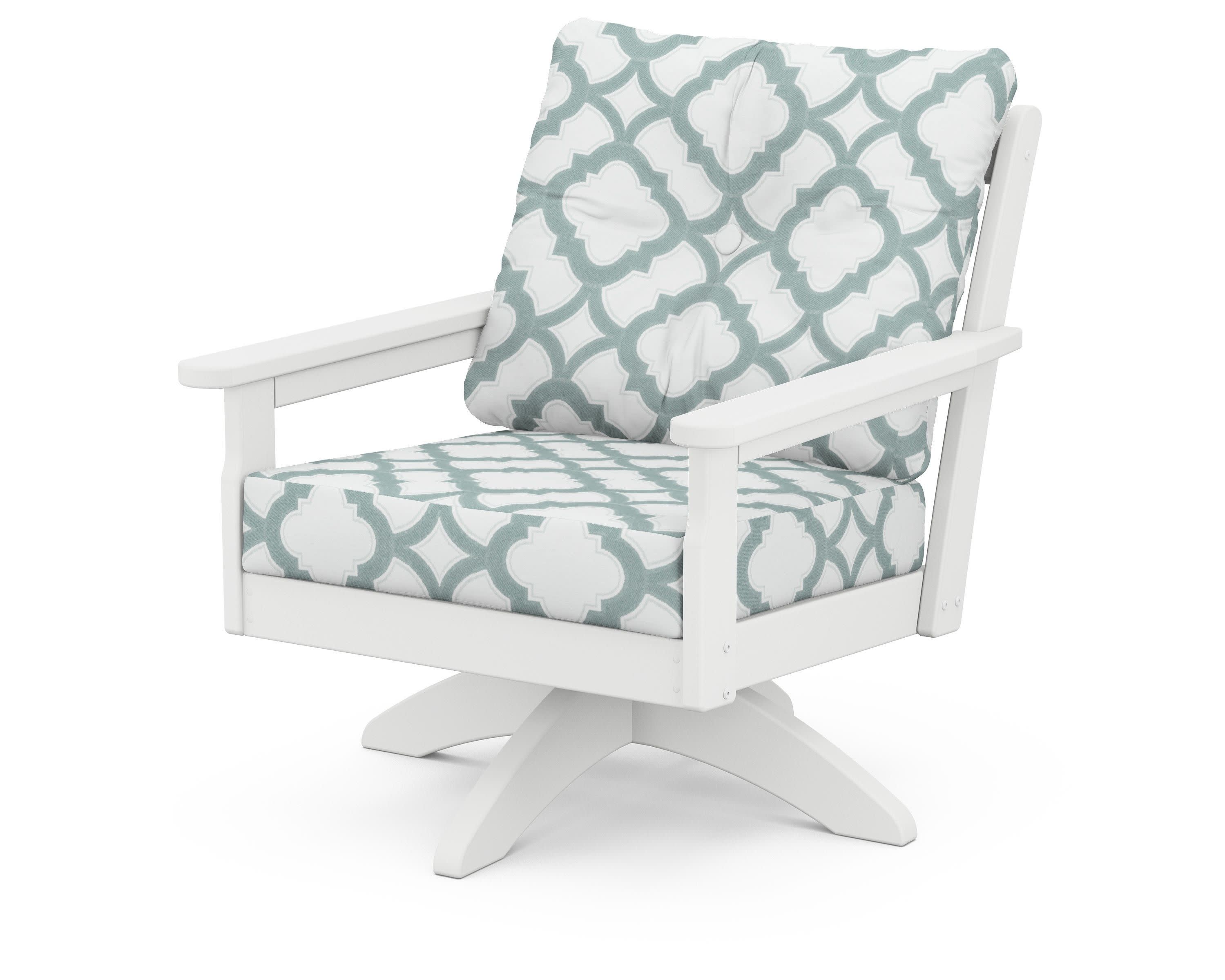 Vineyard Deep Seating Swivel Chair in White / Trellis Glacier Spa