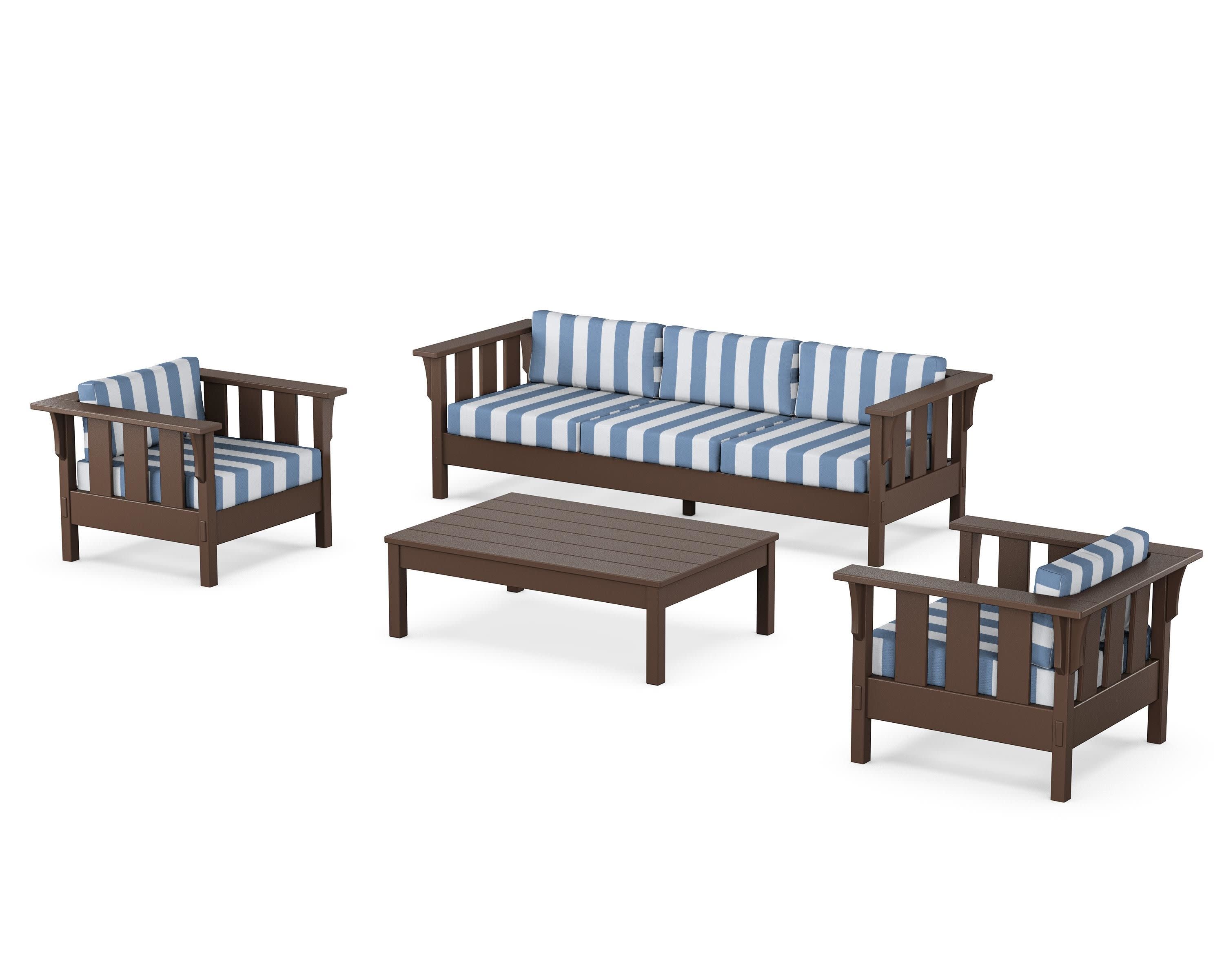 Acadia 4-Piece Deep Seating Set with Sofa in Mahogany / Cabana Stripe Sky Blue