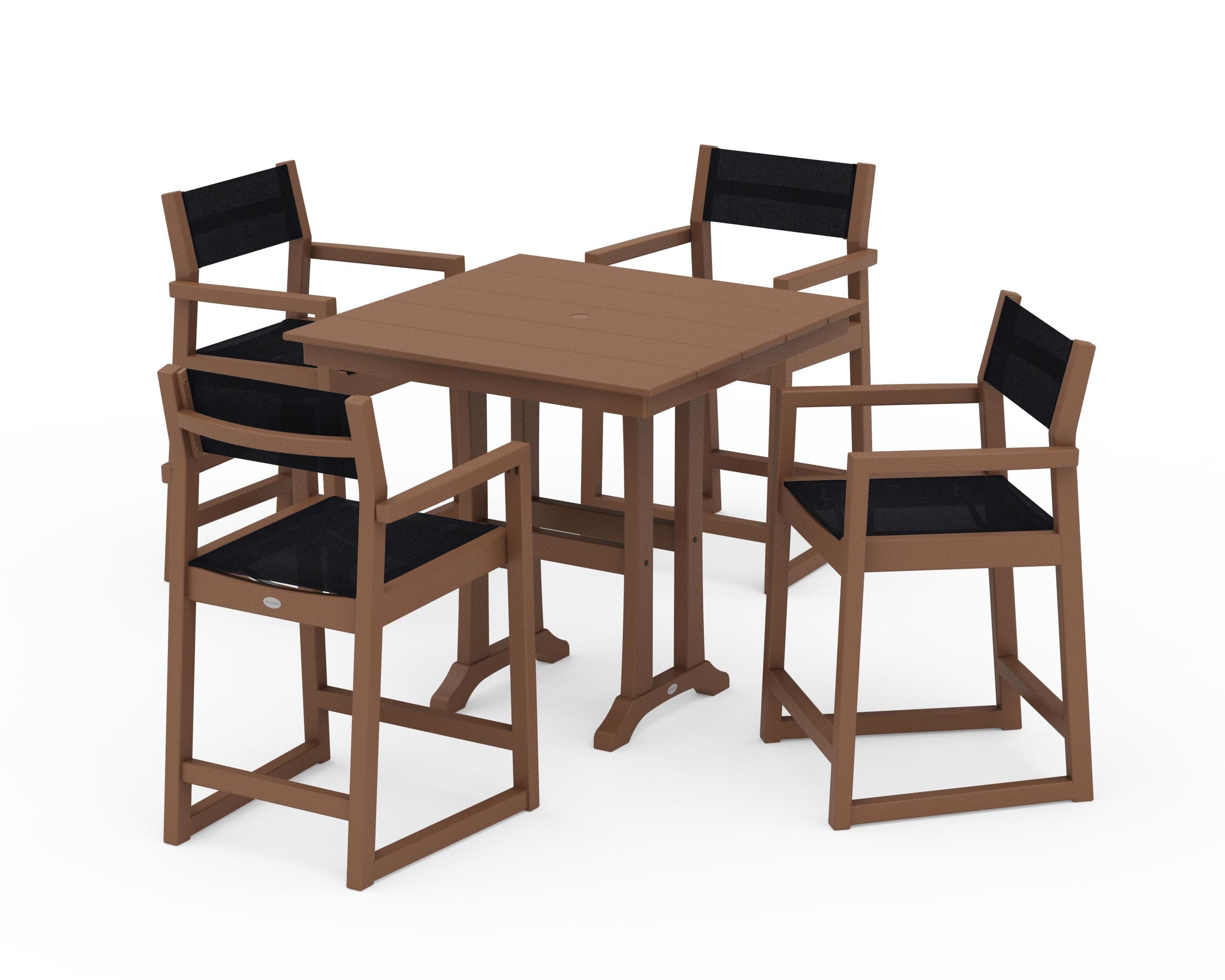 EDGE Sling Arm Chair 5-Piece Farmhouse Counter Set with Trestle Legs in Teak / Black Sling