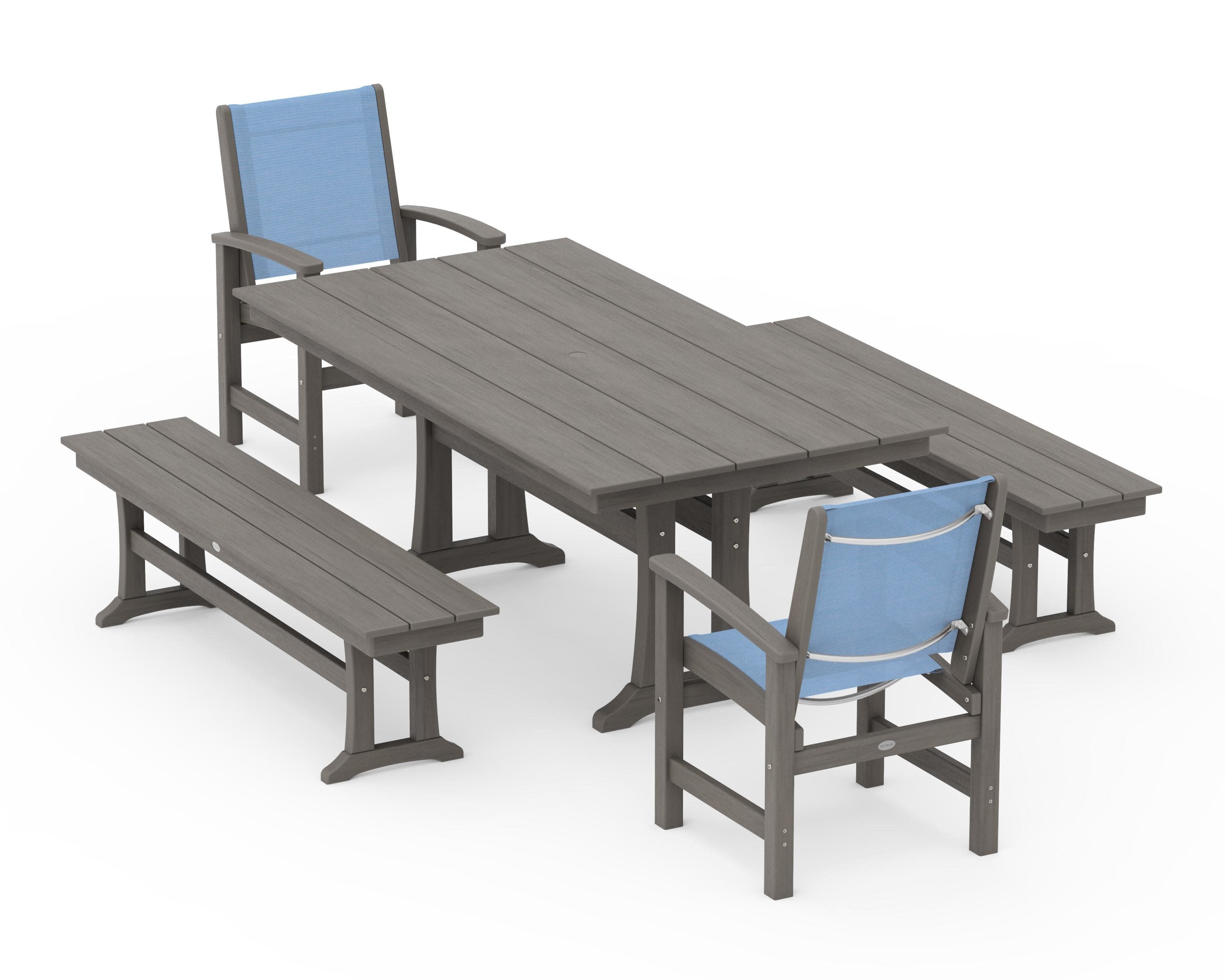 Coastal 5-Piece Farmhouse Dining Set with Trestle Legs and Benches in Driftwood / Poolside Sling