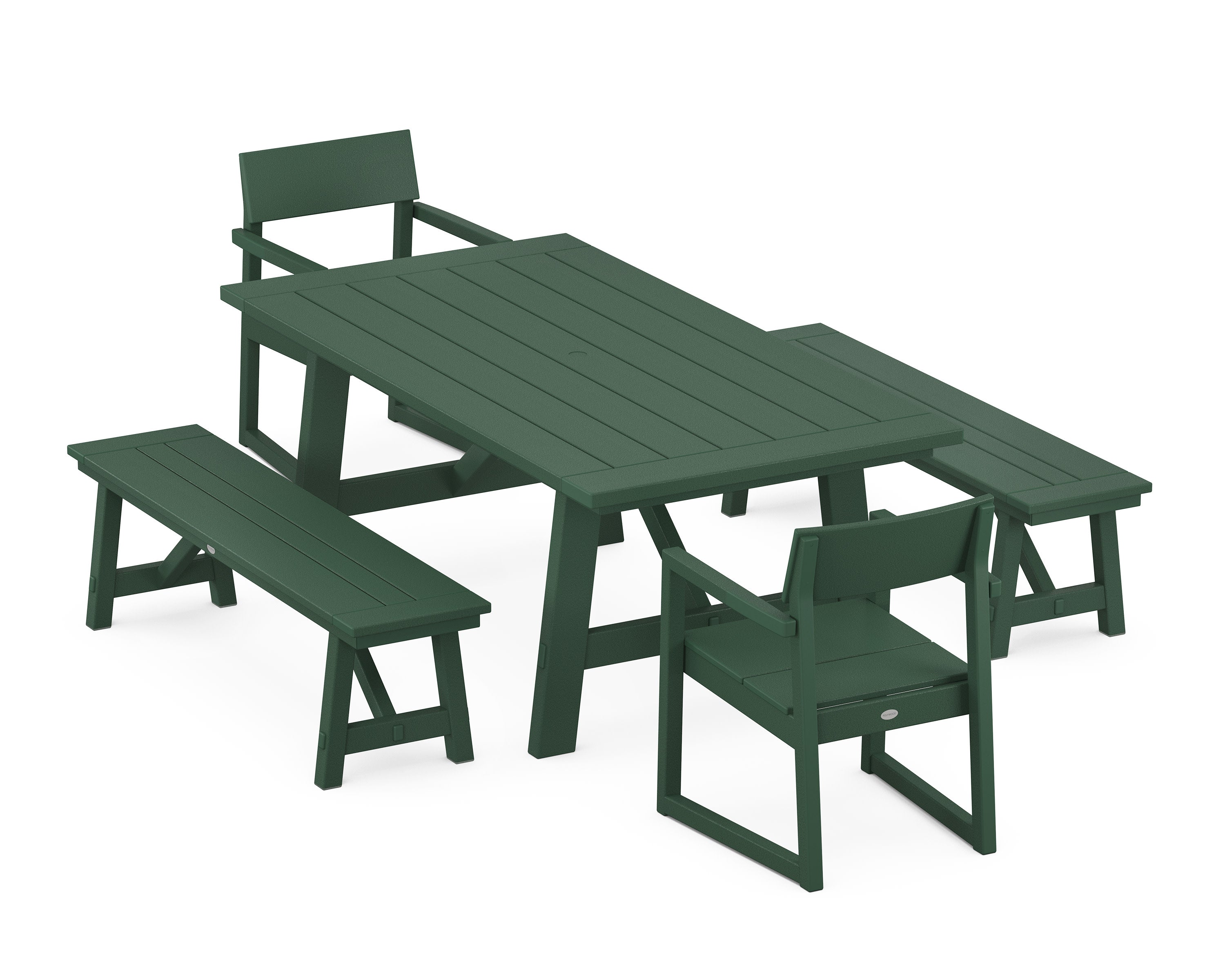 EDGE 5-Piece Rustic Farmhouse Dining Set With Benches in Green
