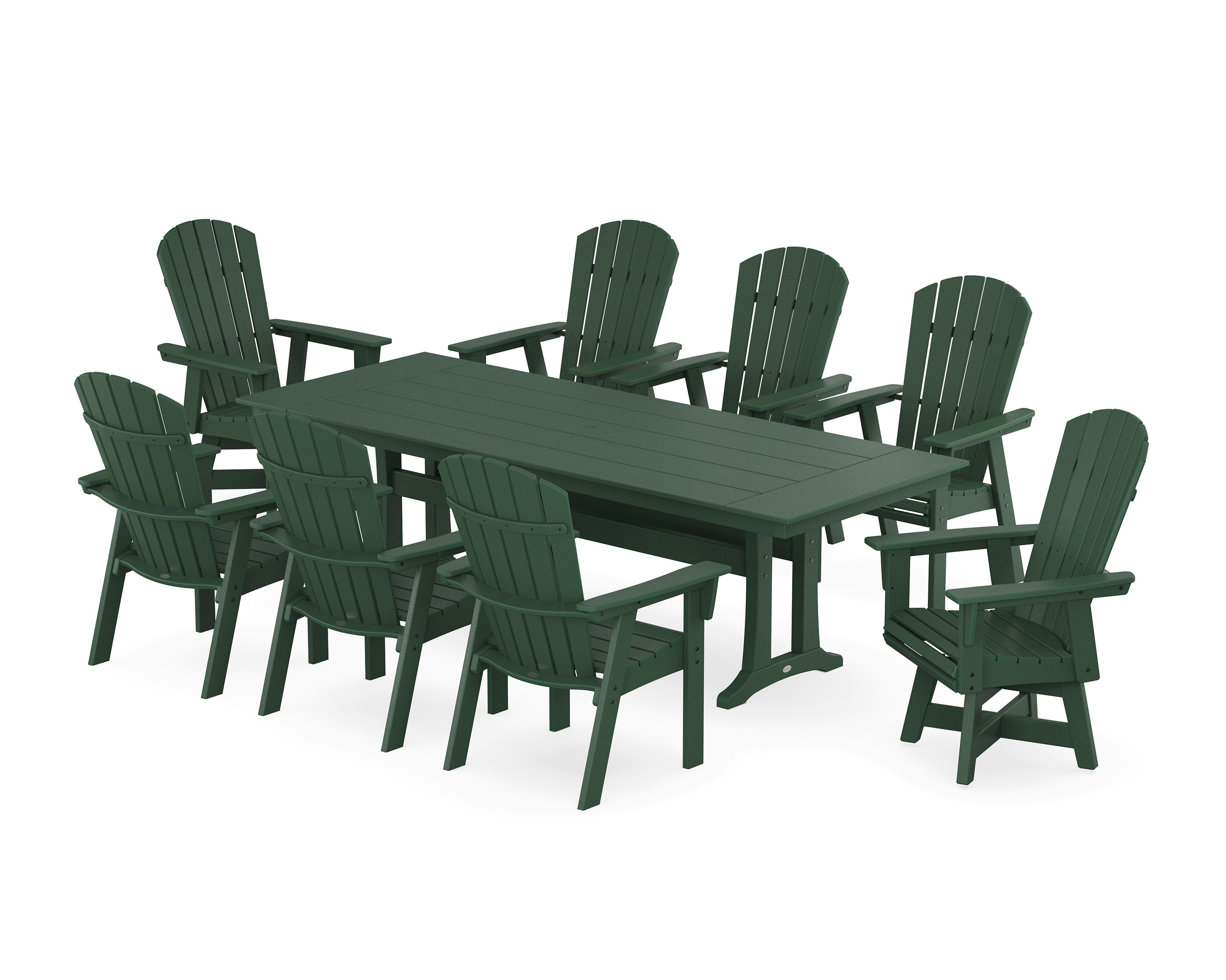 Nautical Curveback Adirondack Swivel 9-Piece Farmhouse Dining Set with Trestle Legs in Green