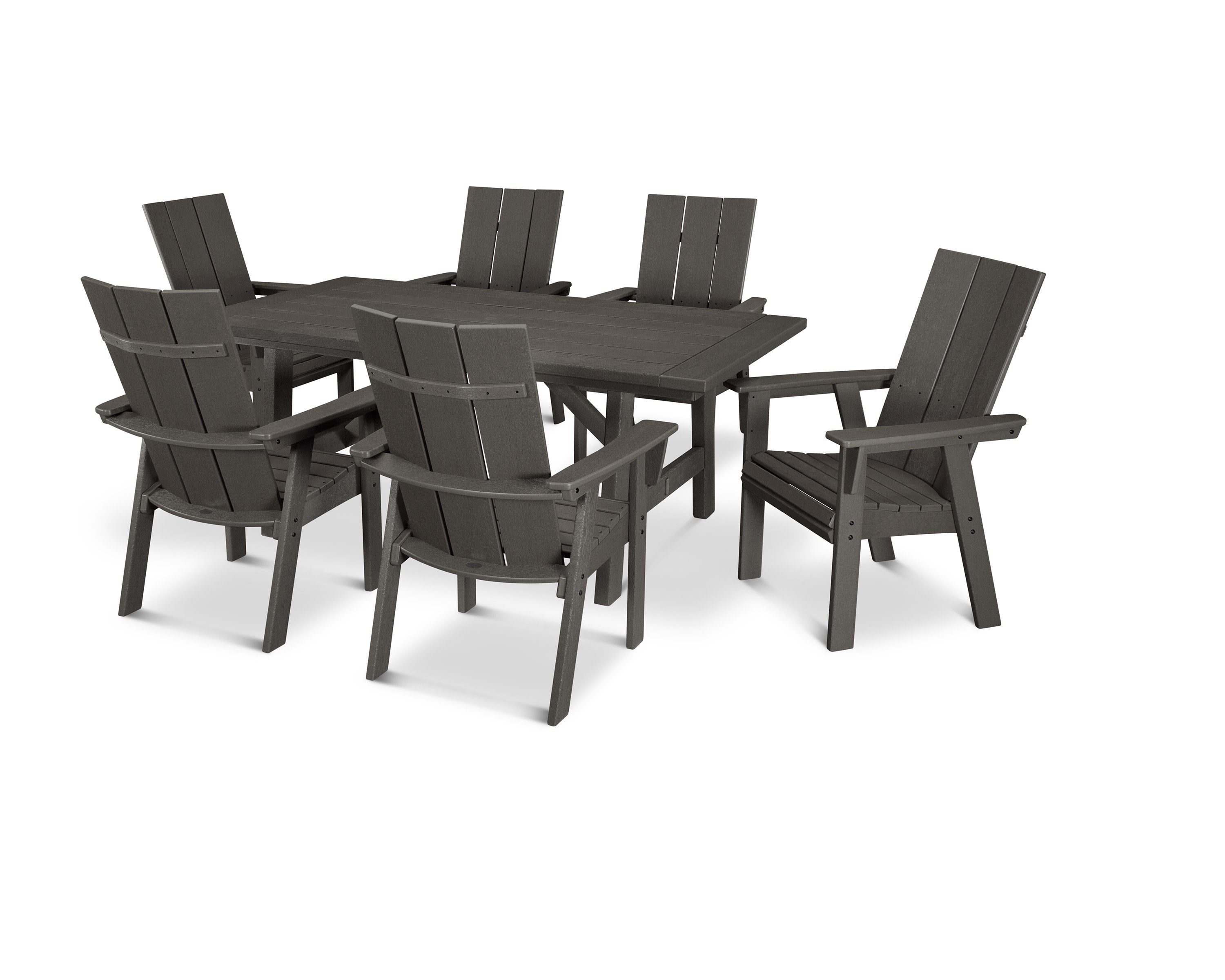 Modern Curveback Adirondack 7-Piece Rustic Farmhouse Dining Set in Vintage Coffee