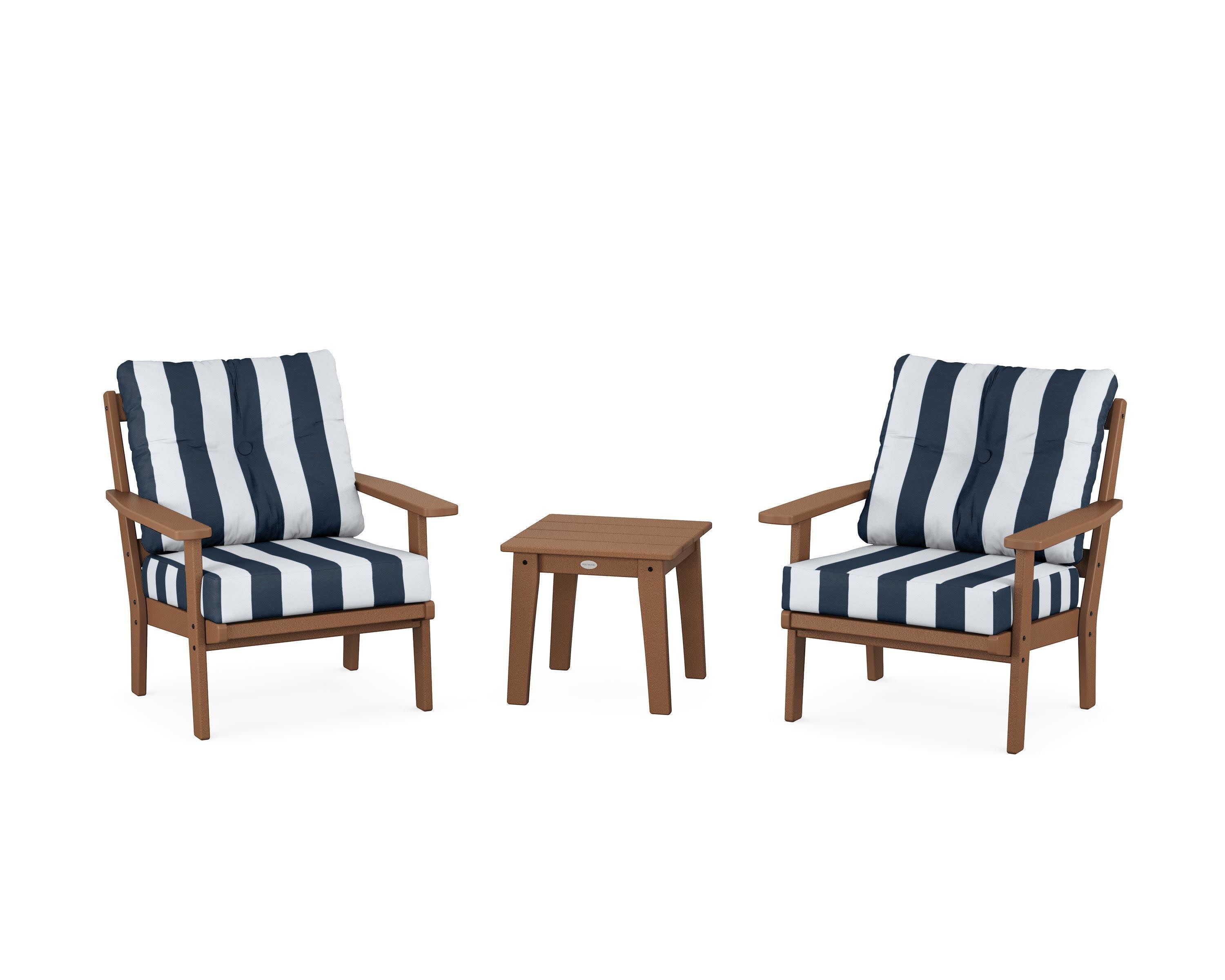 Oxford 3-Piece Deep Seating Set in Teak / Cabana Stripe Marine Indigo
