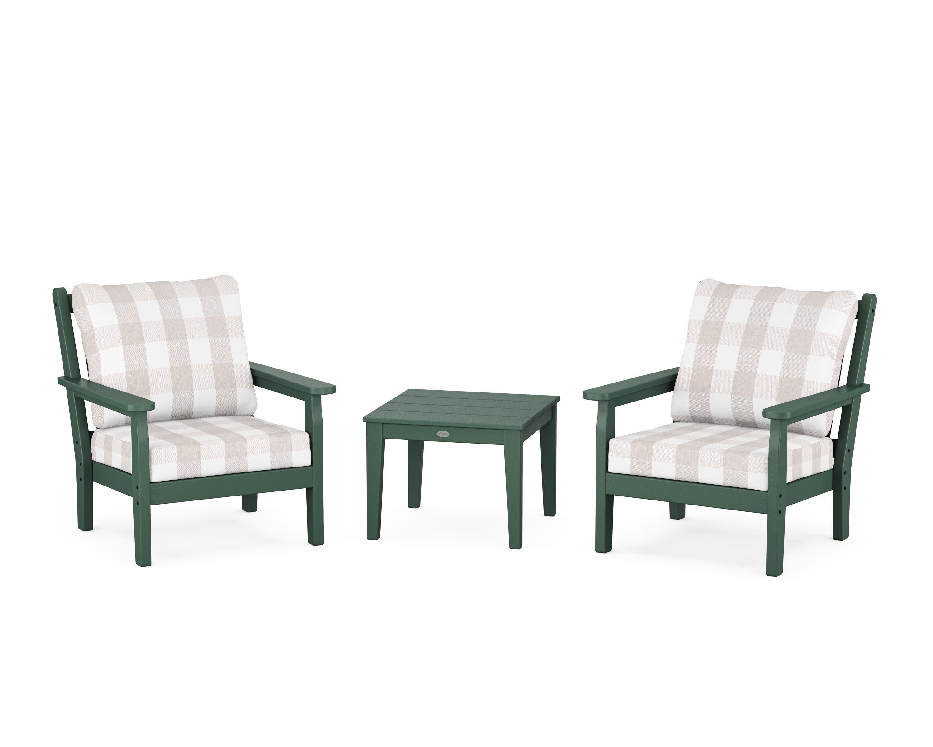 Chippendale 3-Piece Deep Seating Set in Green / Buffalo Plaid Dune Burlap