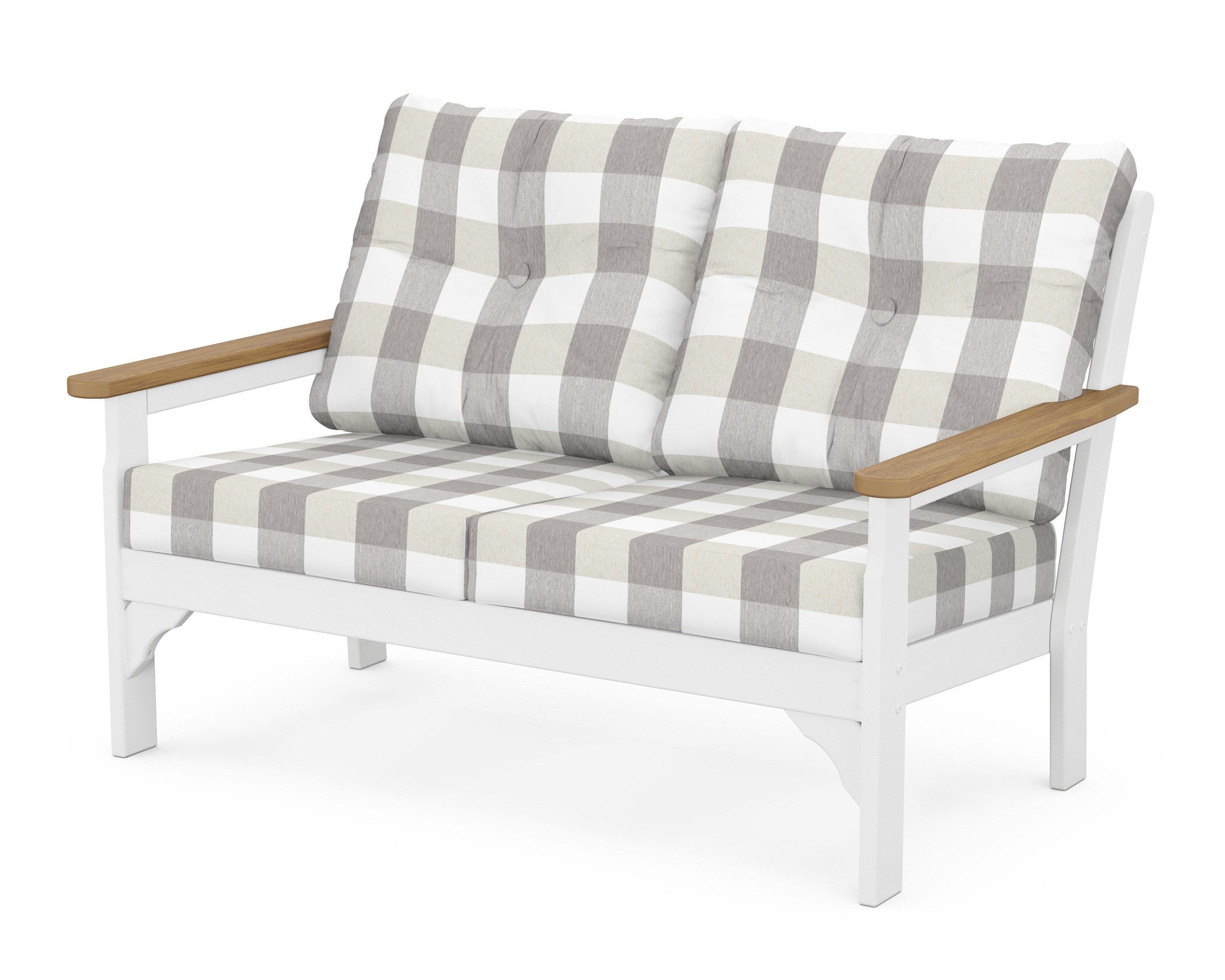 Vineyard Deep Seating Loveseat in White / Natural / Buffalo Plaid Grey Mist