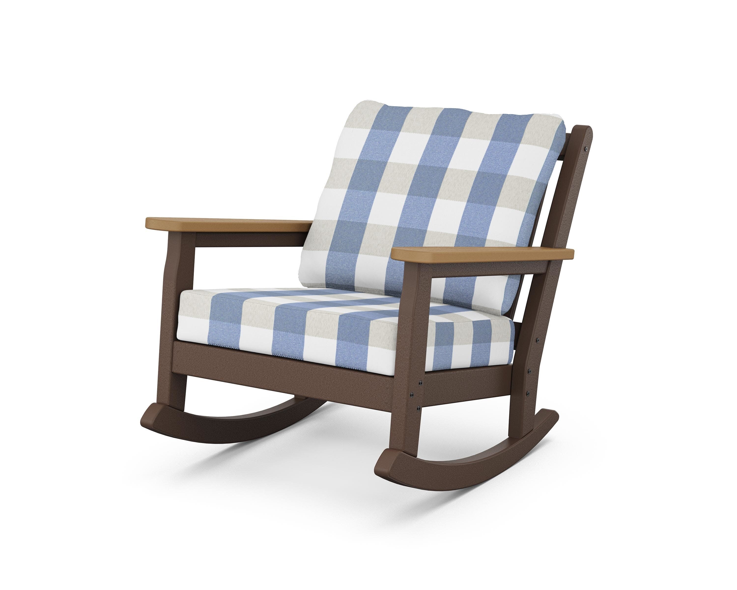 Chippendale Deep Seating Rocking Chair in Mahogany / Natural / Buffalo Plaid Sky Blue