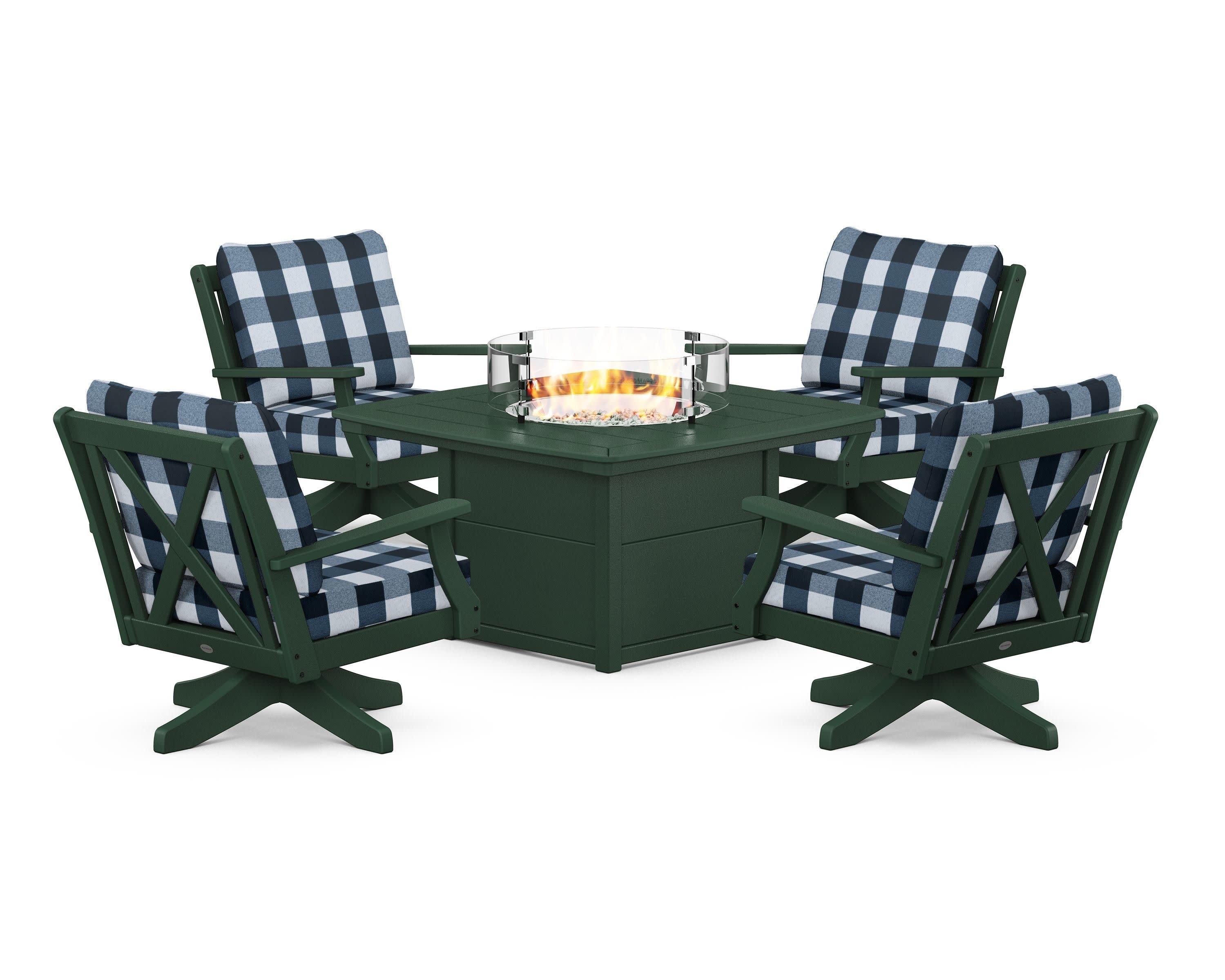 Braxton 5-Piece Deep Seating Swivel Conversation Set with Fire Pit Table in Green / Buffalo Plaid Marine Indigo