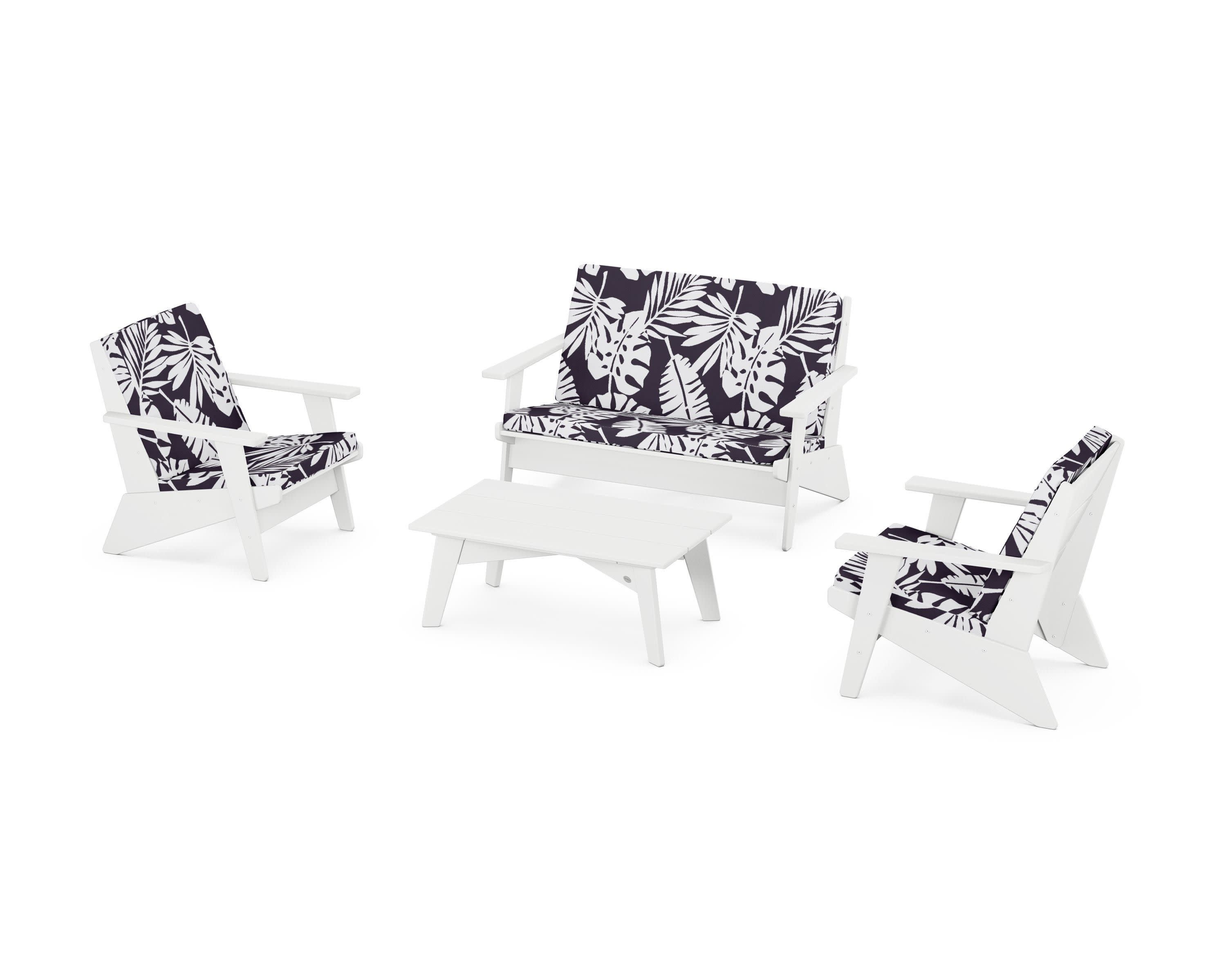 Riviera Modern Lounge 4-Piece Set in White / Leaf Navy