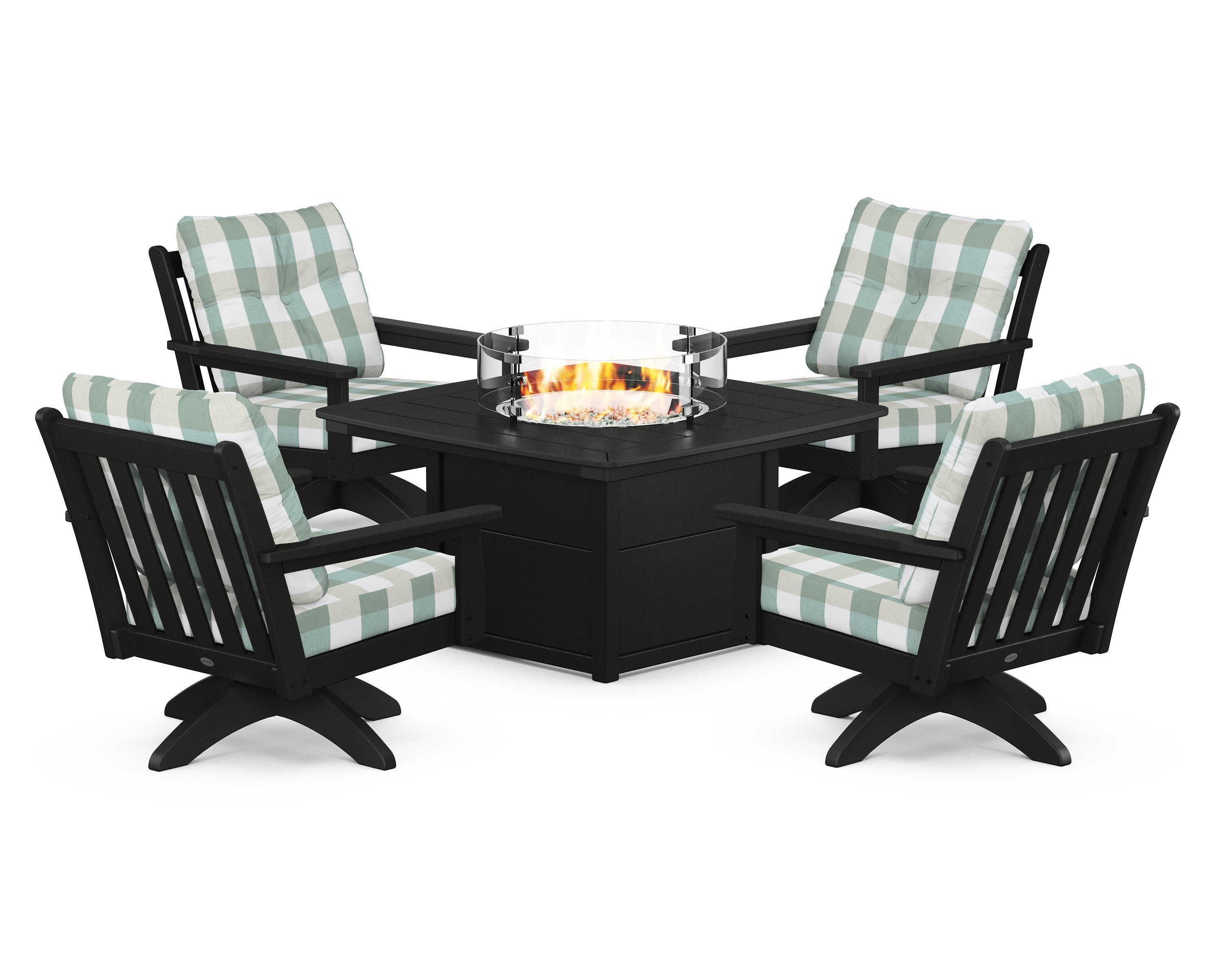 Vineyard 5-Piece Deep Seating Swivel Conversation Set with Fire Pit Table in Black / Buffalo Plaid Glacier Spa