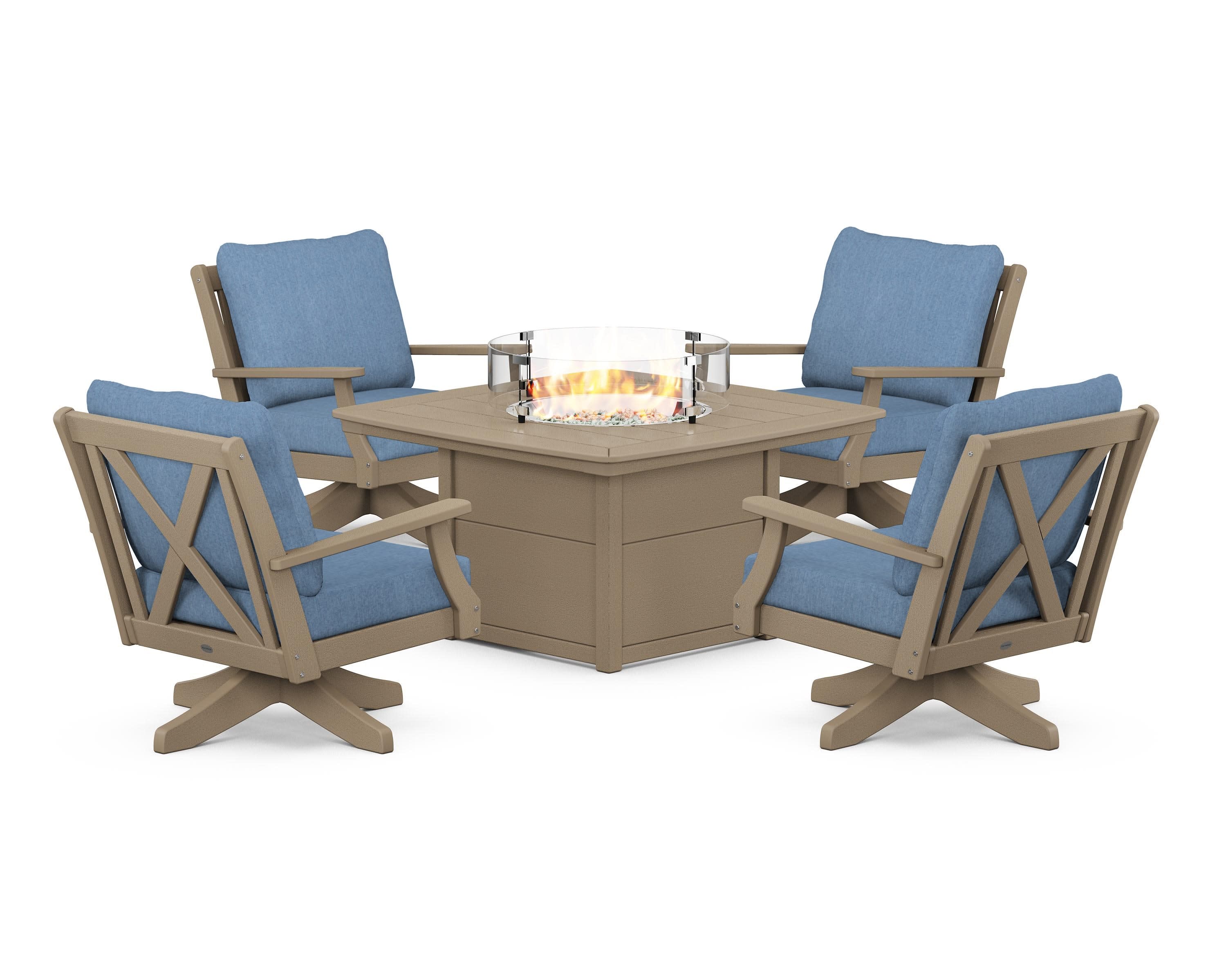 Braxton 5-Piece Deep Seating Swivel Conversation Set with Fire Pit Table in Vintage Sahara / Sky Blue