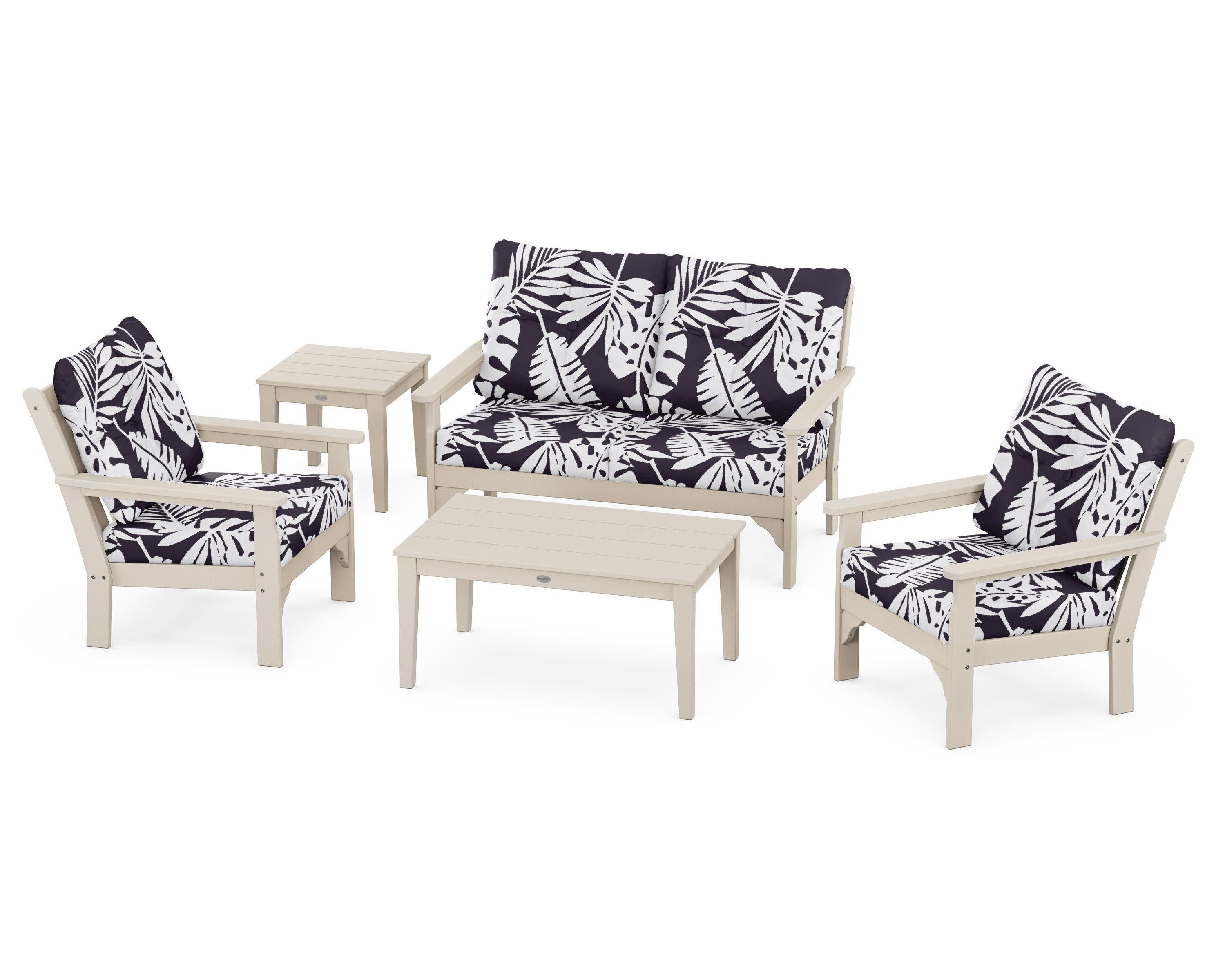 Vineyard 5-Piece Deep Seating Set in Sand / Leaf Navy
