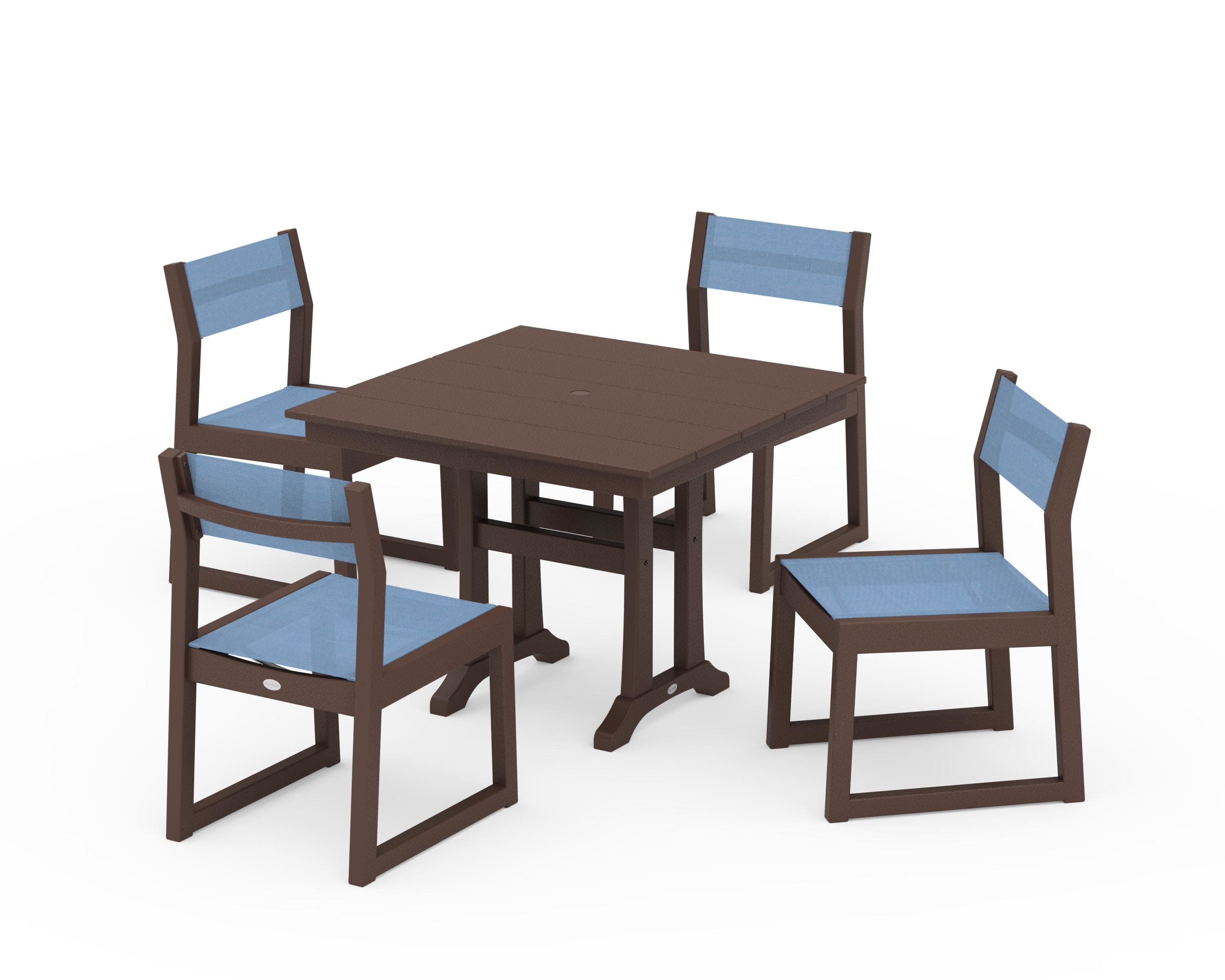 EDGE Sling 5-Piece Farmhouse Trestle Side Chair Dining Set in Mahogany / Poolside Sling