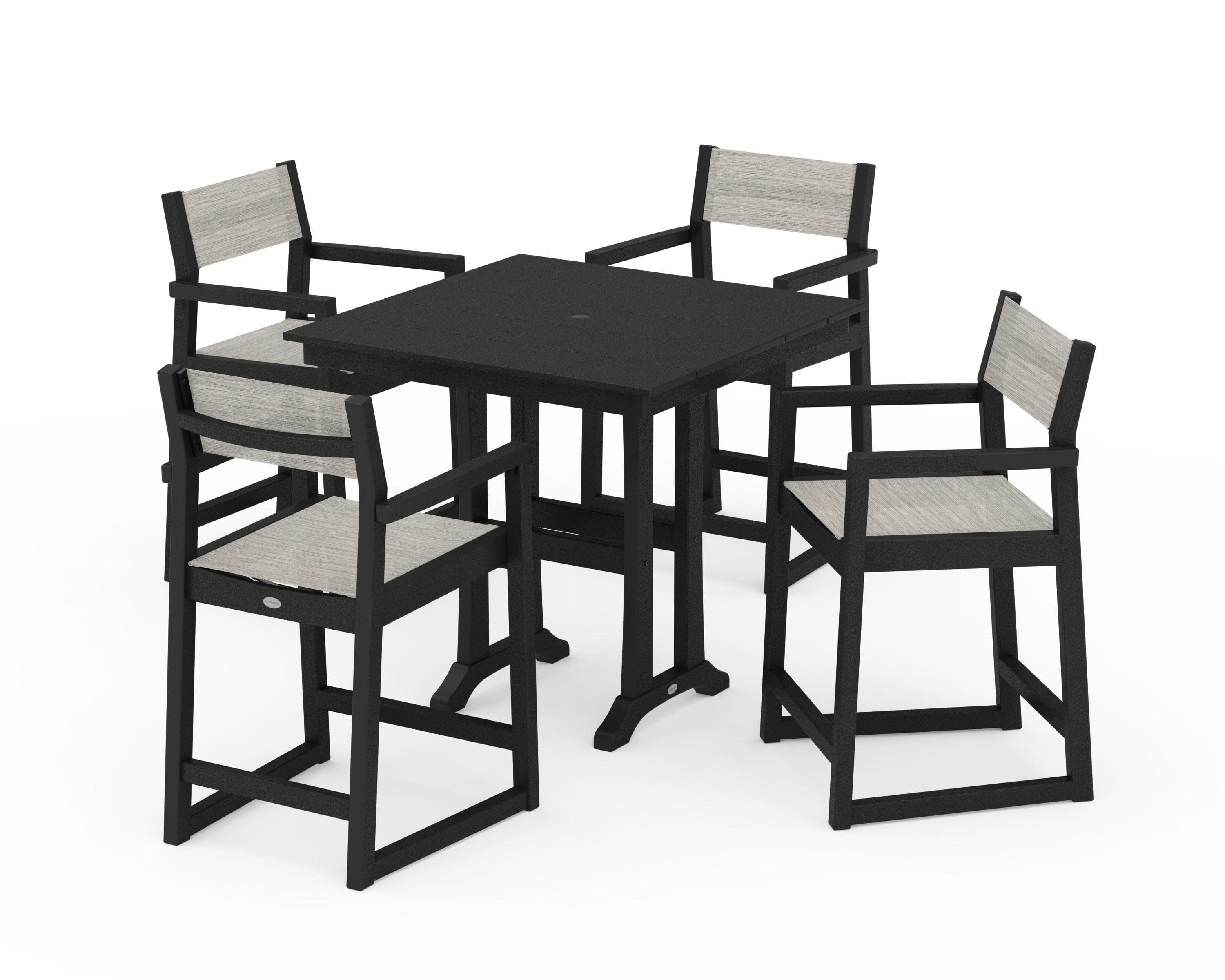 EDGE Sling Arm Chair 5-Piece Farmhouse Counter Set with Trestle Legs in Black / Birch Sling