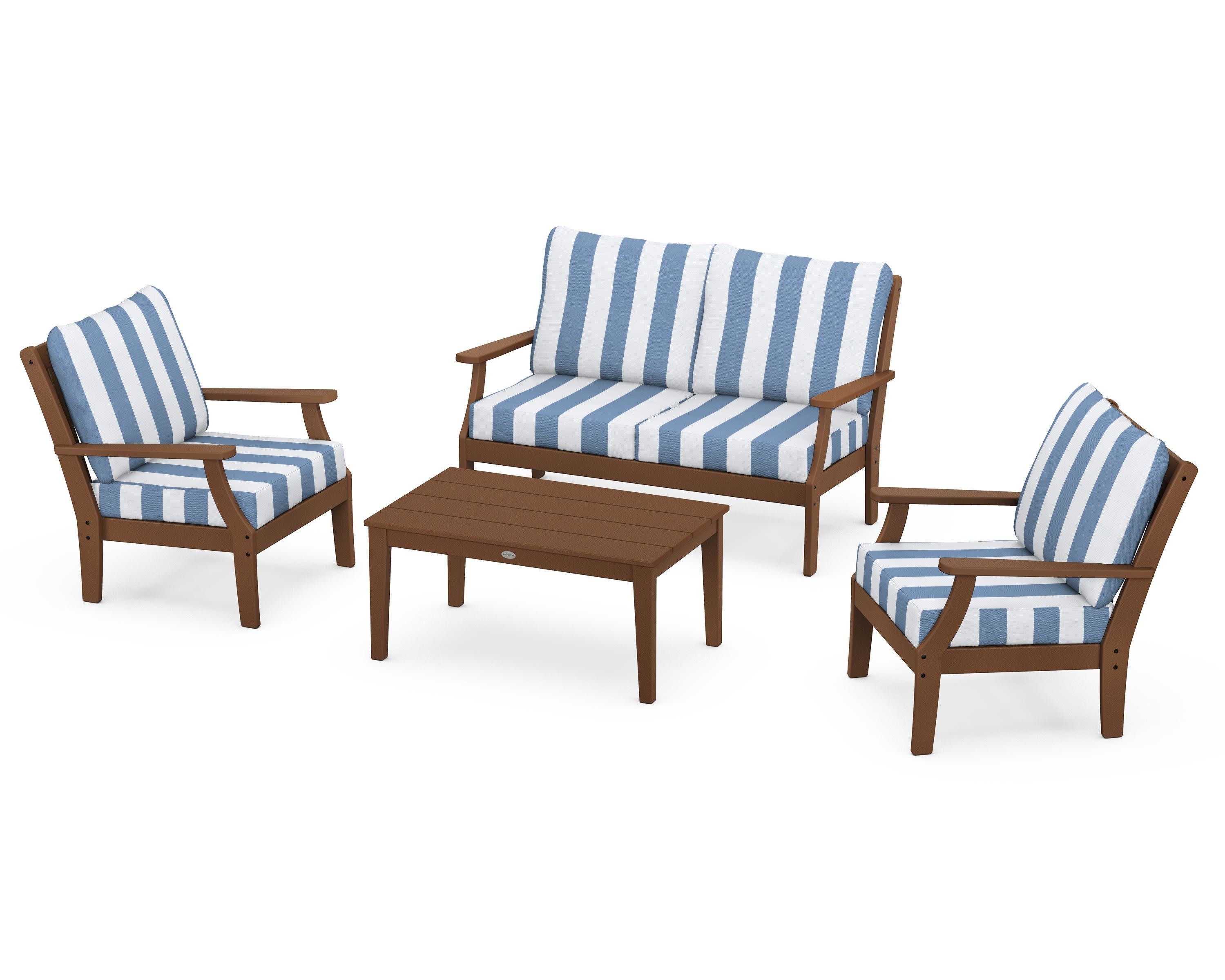 Braxton 4-Piece Deep Seating Chair Set in Teak / Cabana Stripe Sky Blue