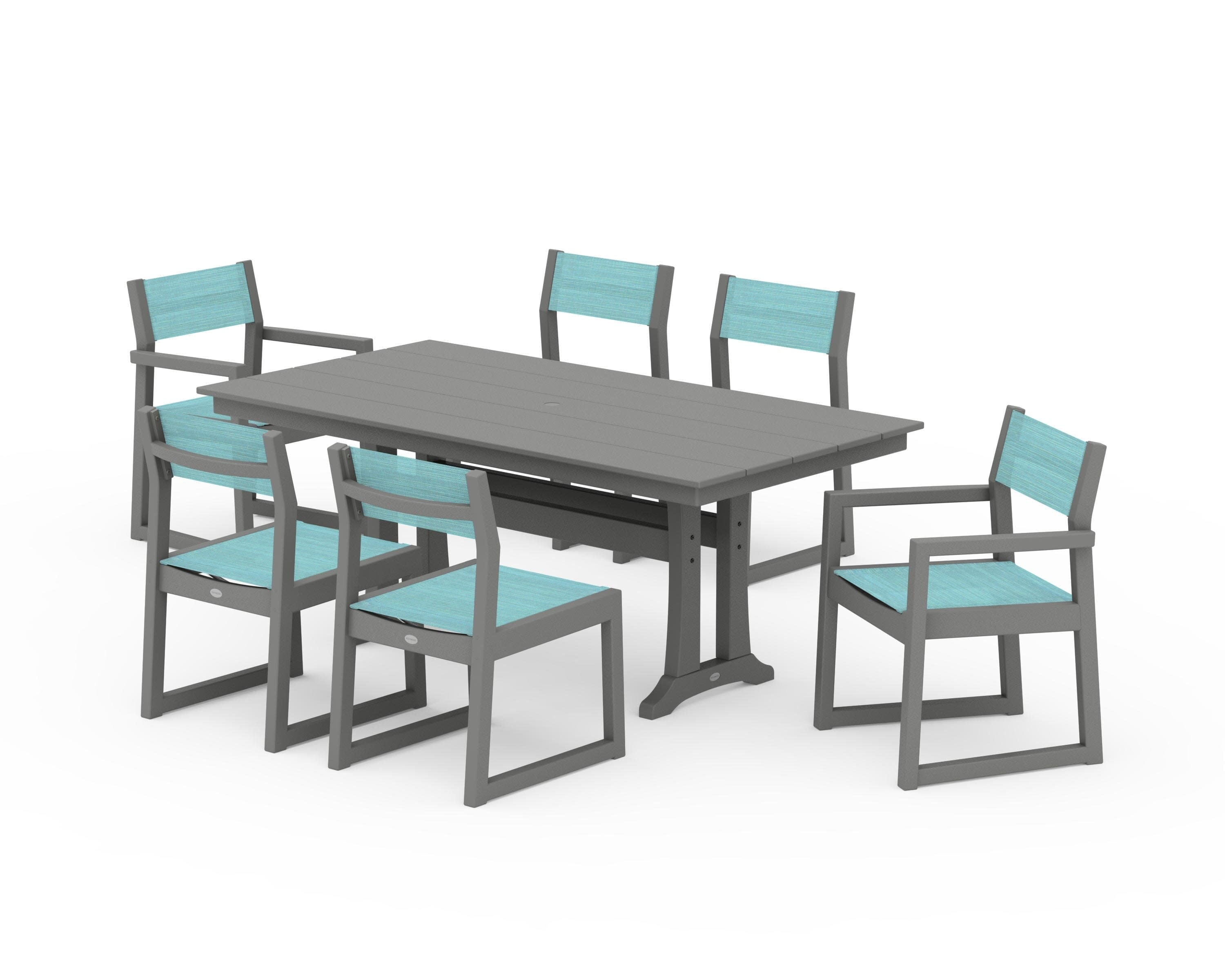 EDGE Sling 7-Piece Farmhouse Trestle Dining Set in Slate Grey / Dupioni Aquamarine Sling