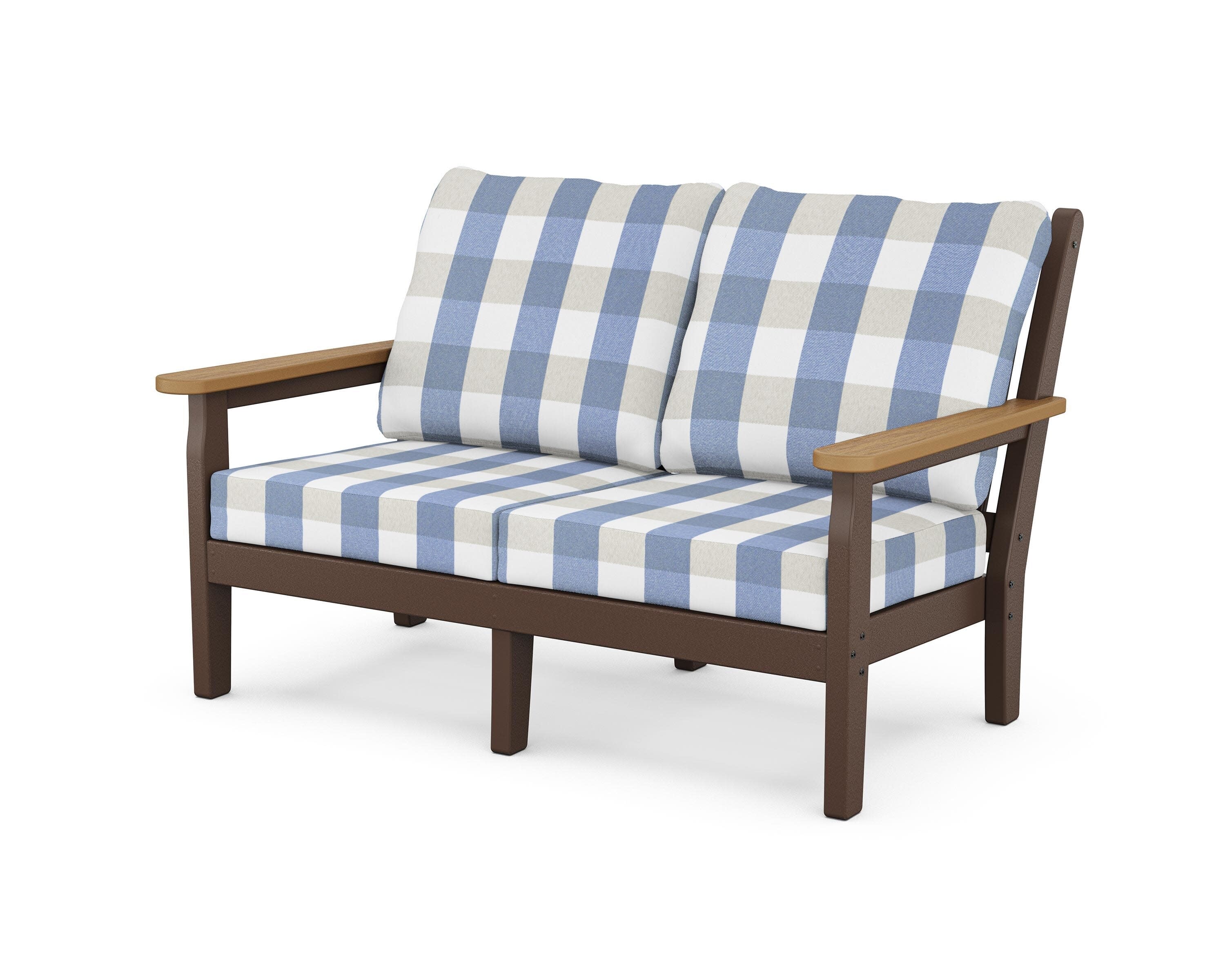 Chippendale Deep Seating Loveseat in Mahogany / Natural / Buffalo Plaid Sky Blue