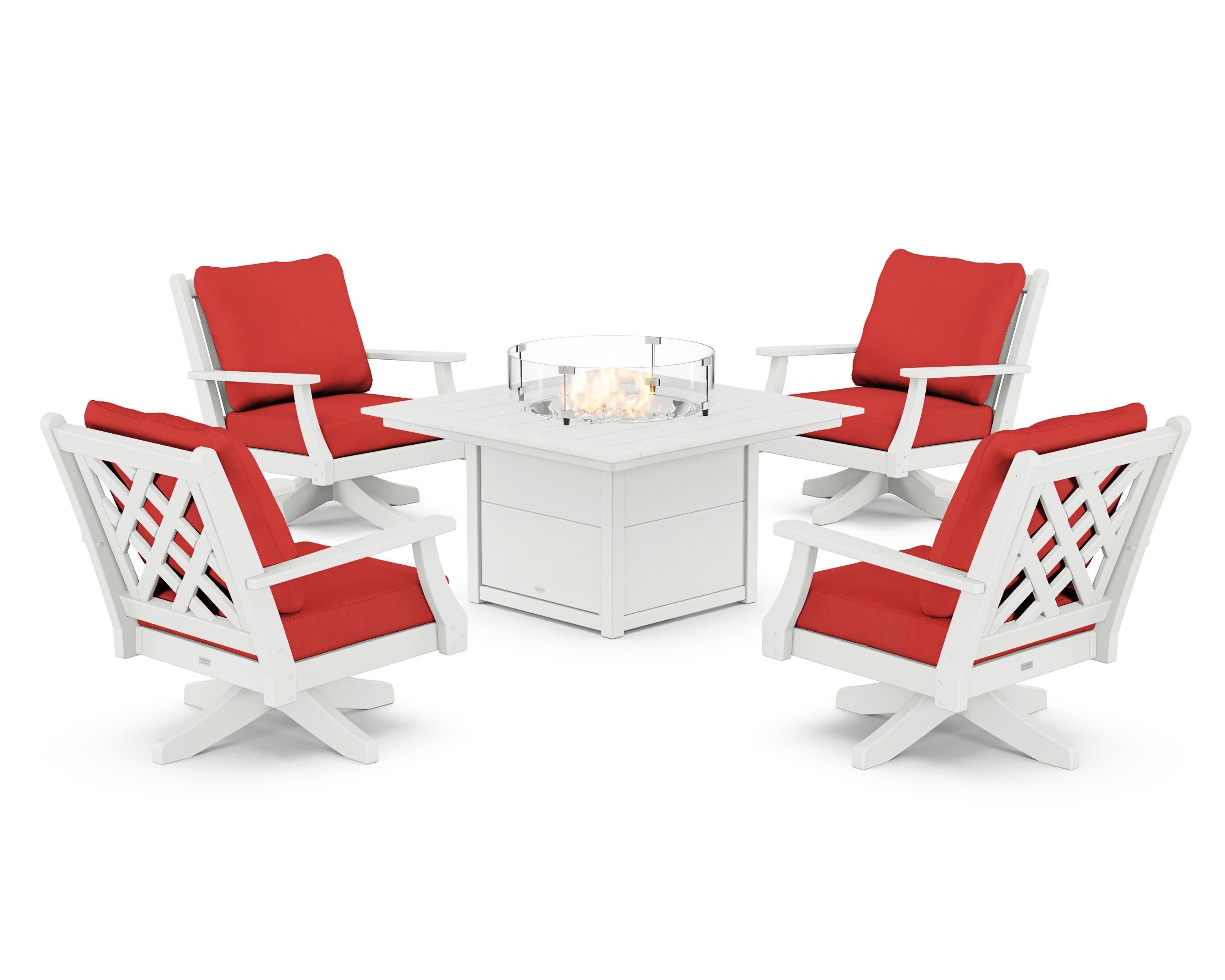 Wovendale 5-Piece Deep Seating Swivel Conversation Set with Fire Pit Table in White / Crimson Linen