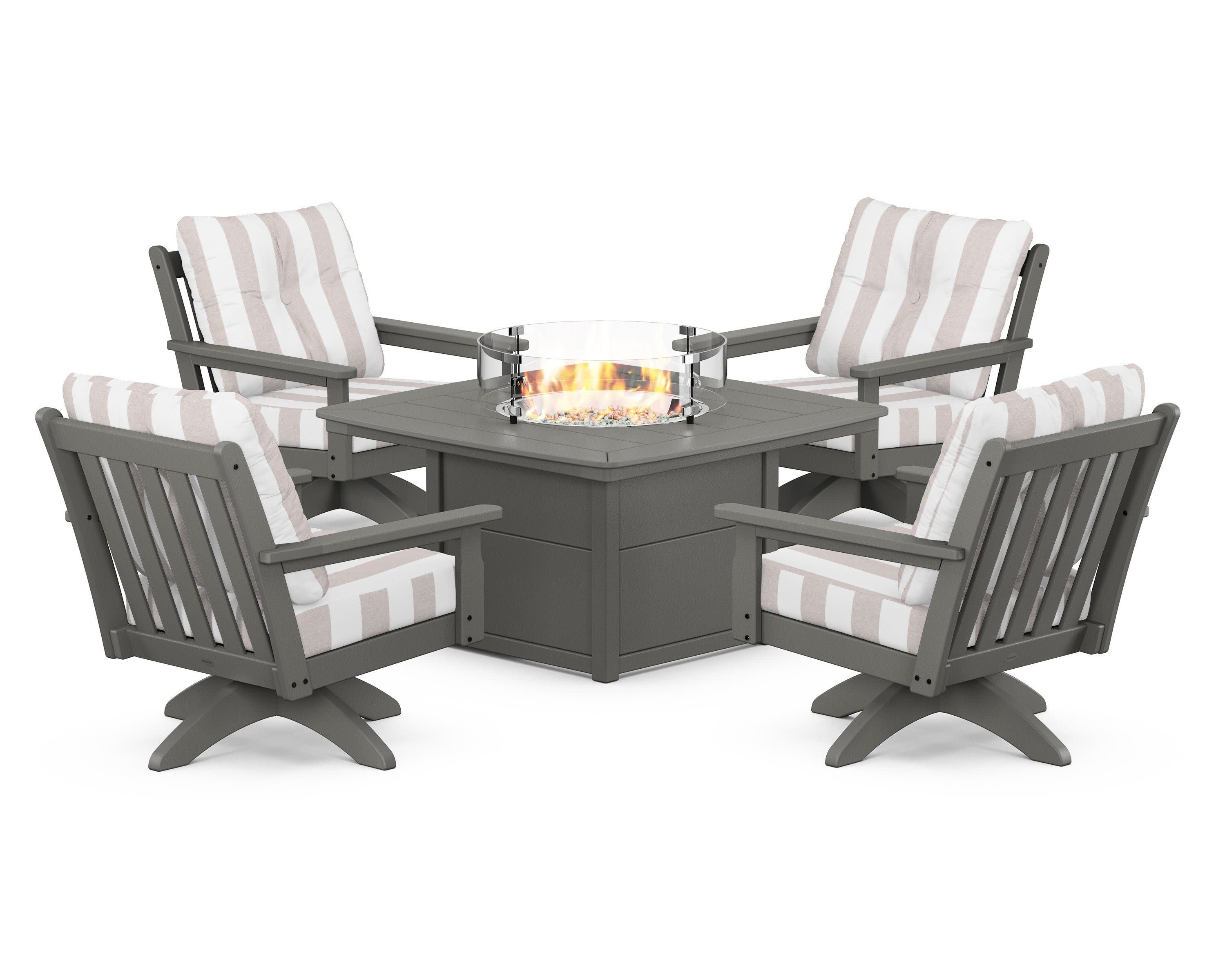 Vineyard 5-Piece Deep Seating Swivel Conversation Set with Fire Pit Table in Slate Grey / Cabana Stripe Dune Burlap