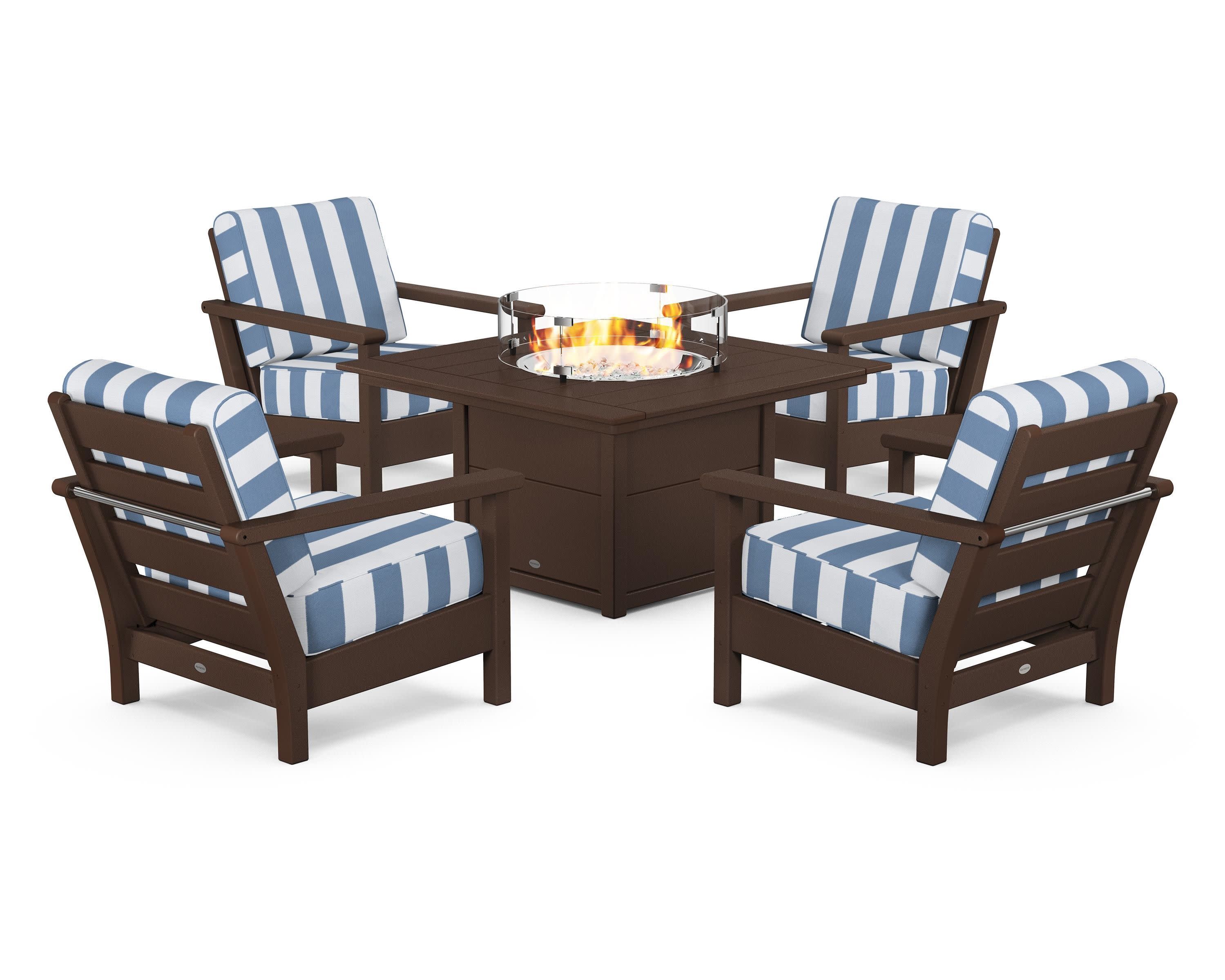 Harbour 5-Piece Conversation Set with Fire Pit Table in Mahogany / Cabana Stripe Sky Blue