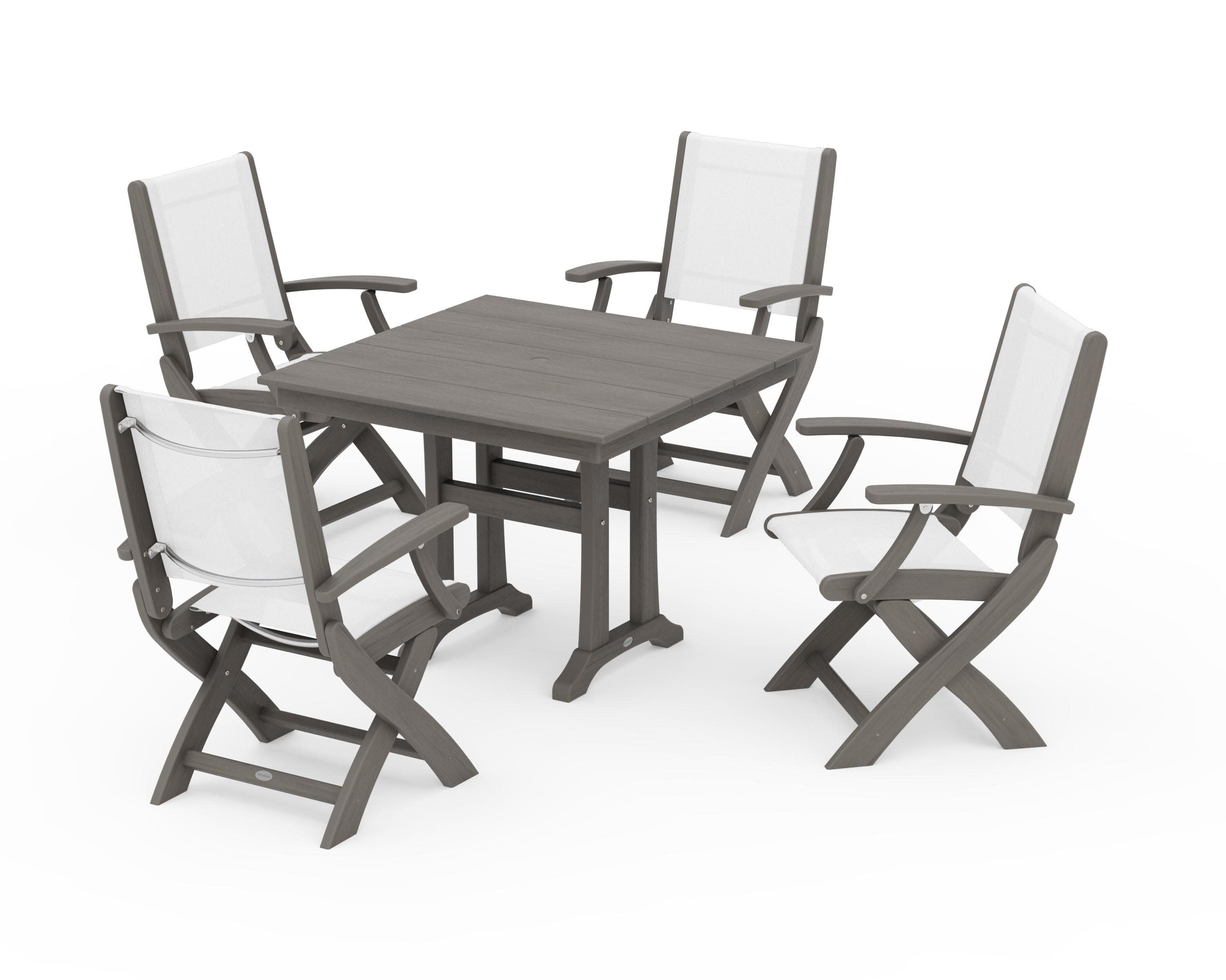 Coastal Folding Chair 5-Piece Farmhouse Dining Set With Trestle Legs in Driftwood / White Sling