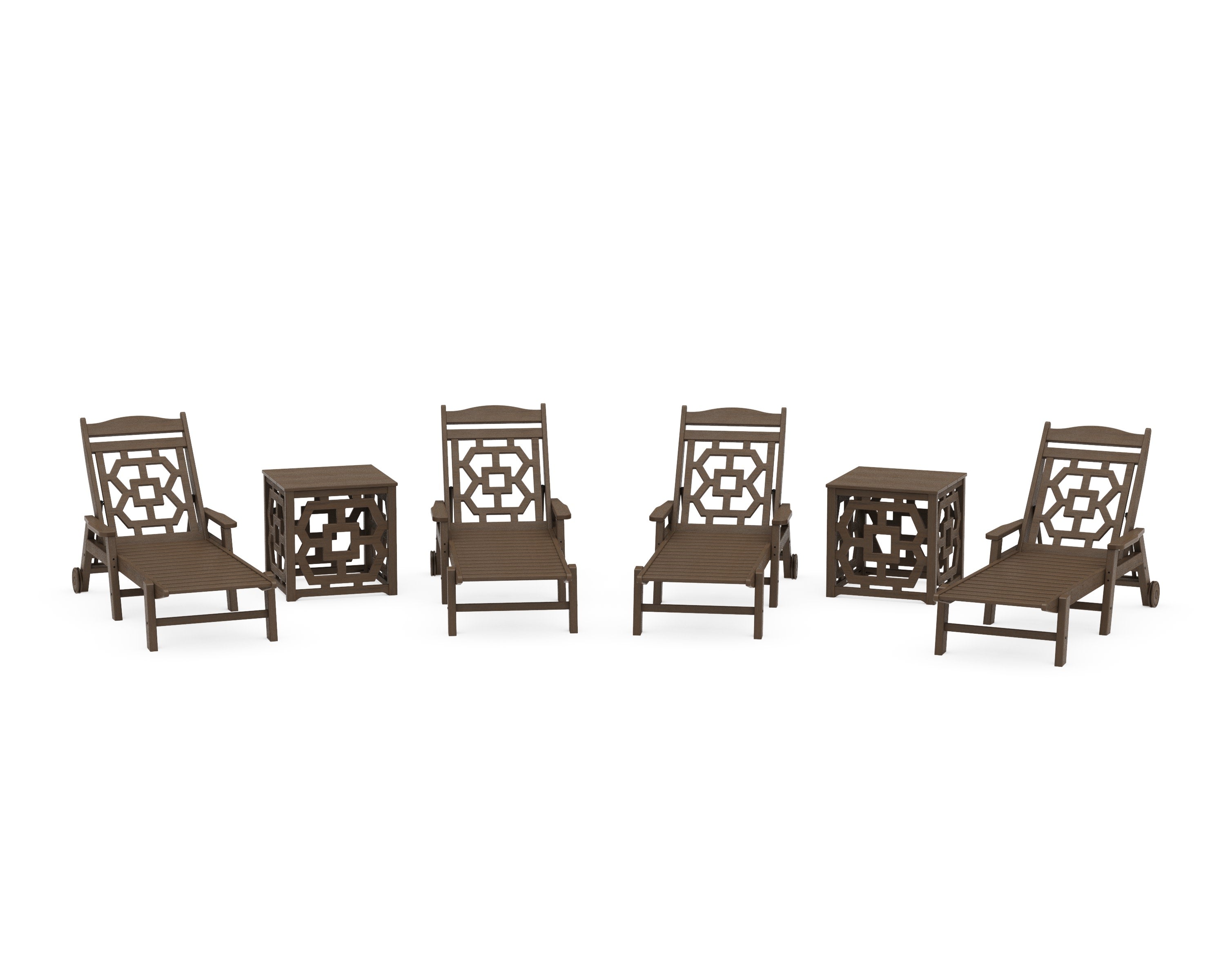 Chinoiserie 6-Piece Chaise Set with Umbrella Stand Accent Table in Kona