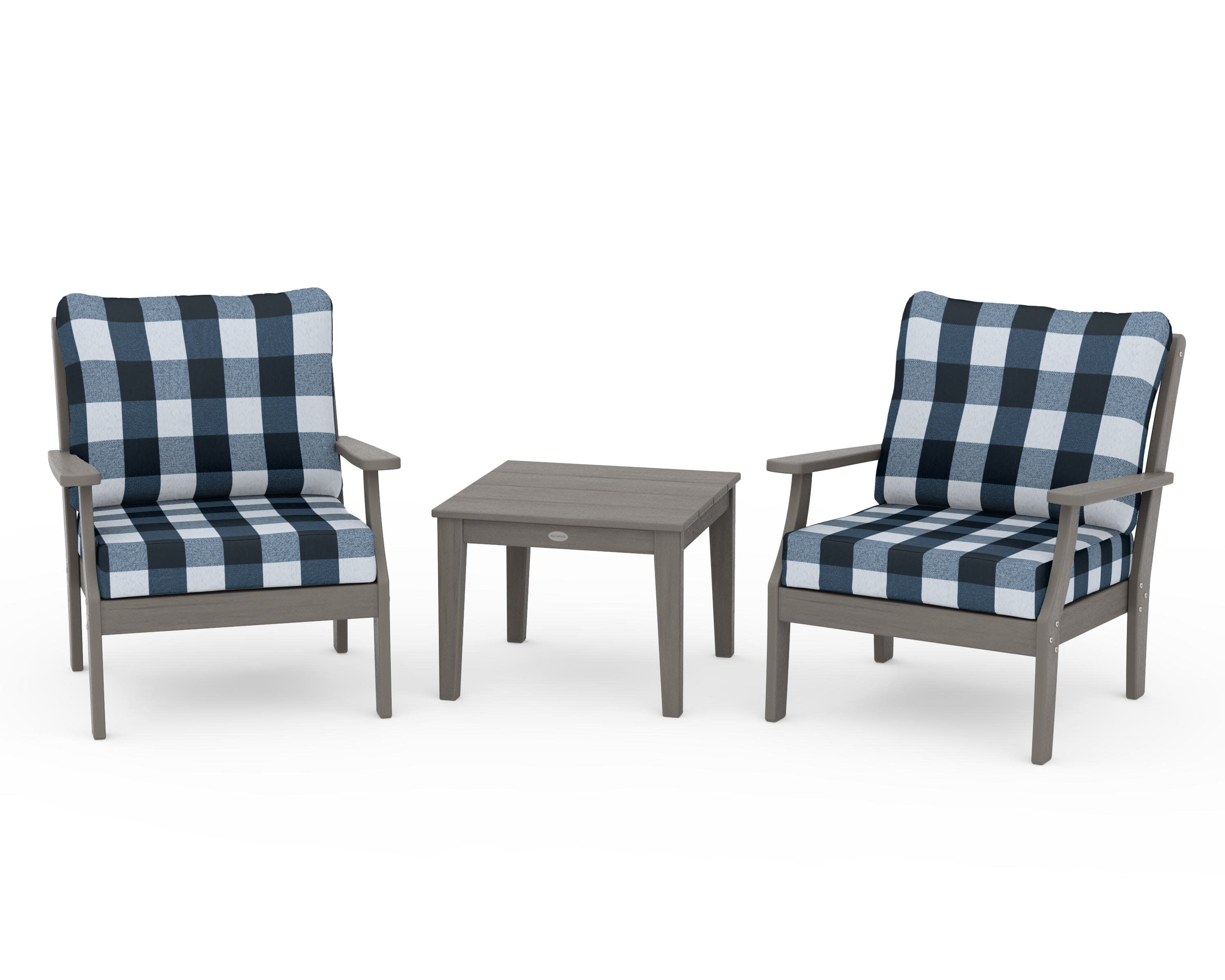 Braxton 3-Piece Deep Seating Set in Driftwood / Buffalo Plaid Marine Indigo