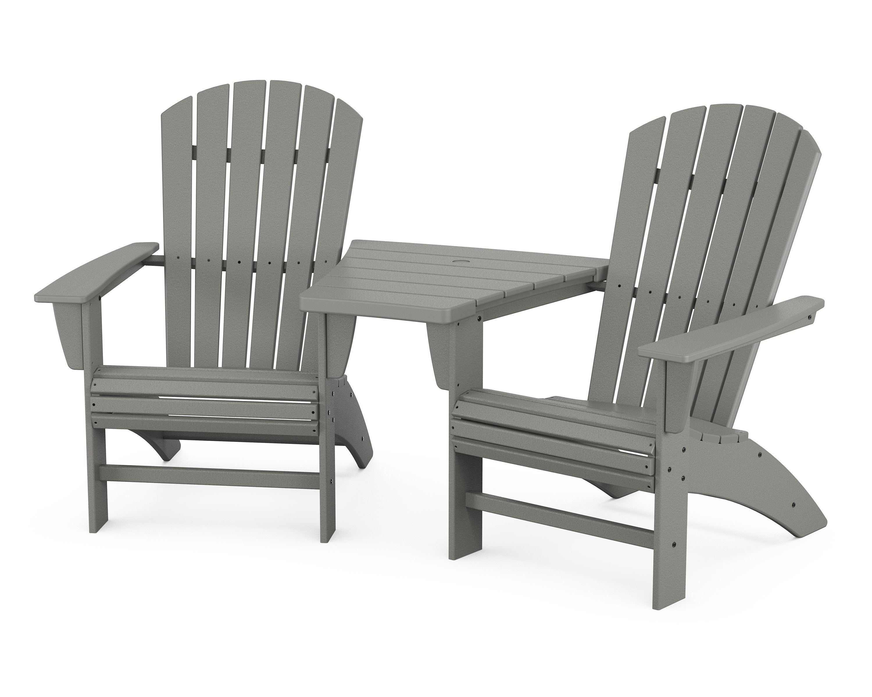 Nautical 3-Piece Curveback Adirondack Set with Angled Connecting Table in Slate Grey