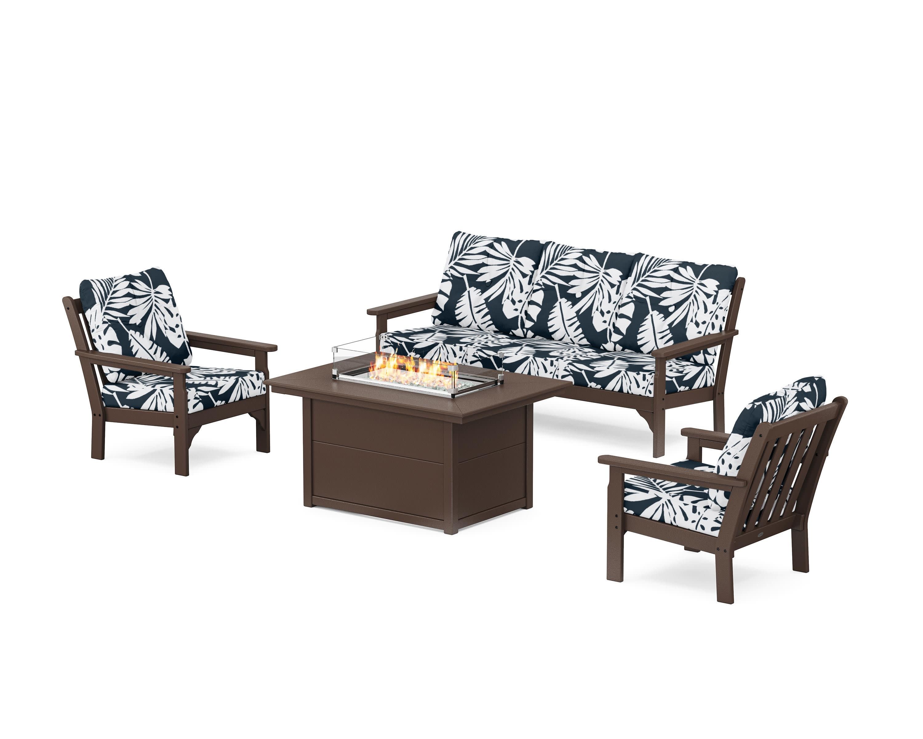 Vineyard Deep Seating Fire Pit Table Set in Mahogany / Leaf Marine Indigo