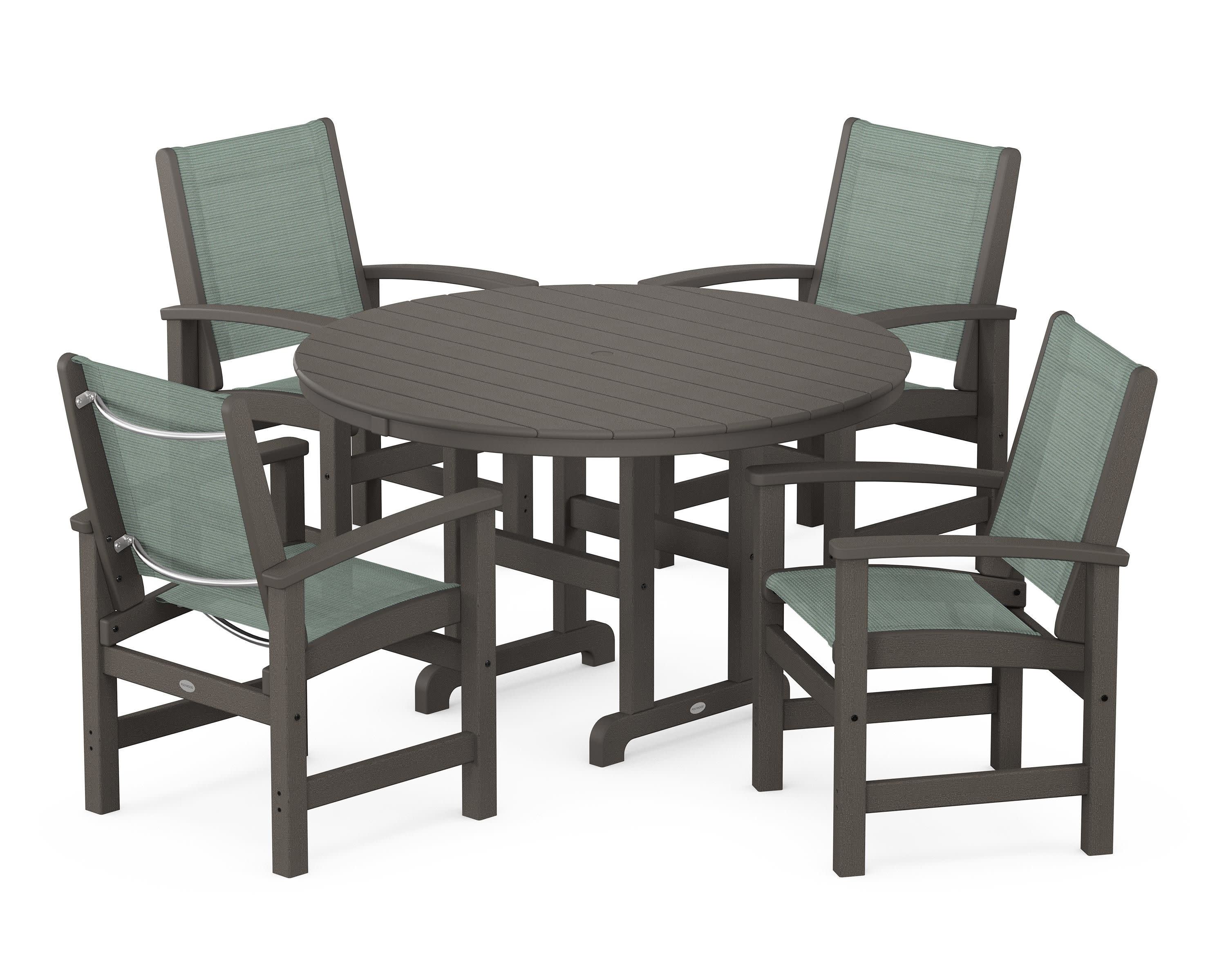 Coastal 5-Piece Round Farmhouse Dining Set in Vintage Coffee / Dupioni Sea Mist Sling