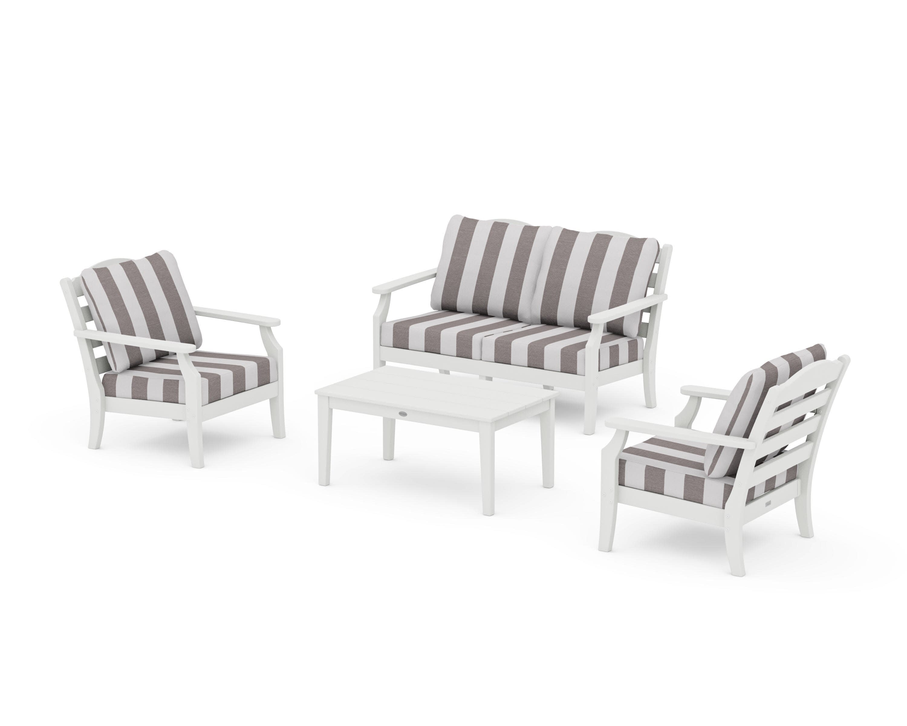 Savannah 4-Piece Deep Seating Set with Loveseat in Vintage White / Cabana Stripe Grey Mist