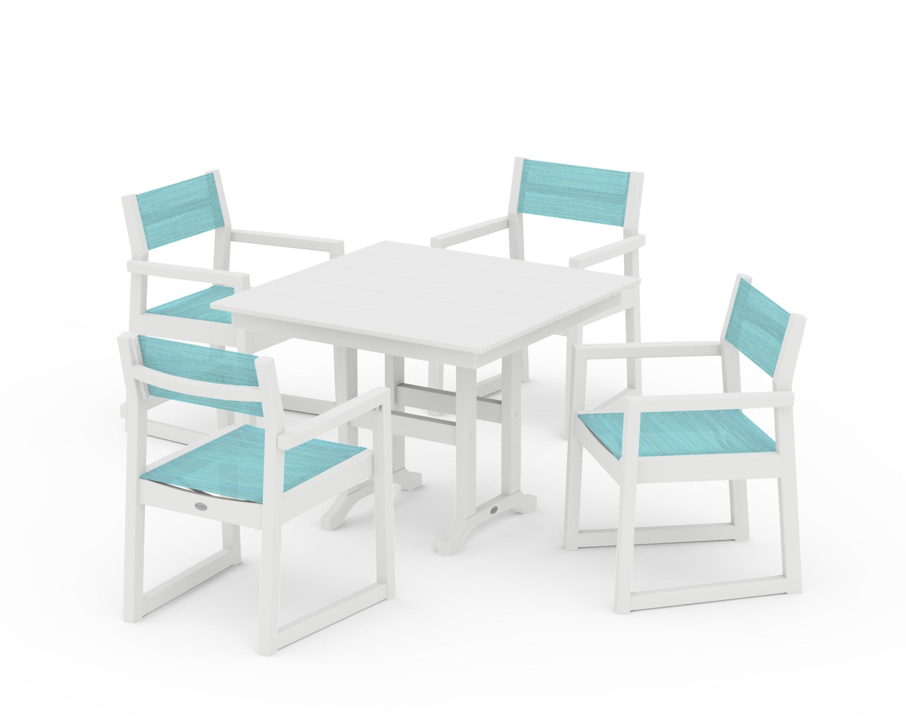 EDGE Sling Arm Chair 5-Piece Farmhouse Dining Set in White / Dupioni Aquamarine Sling