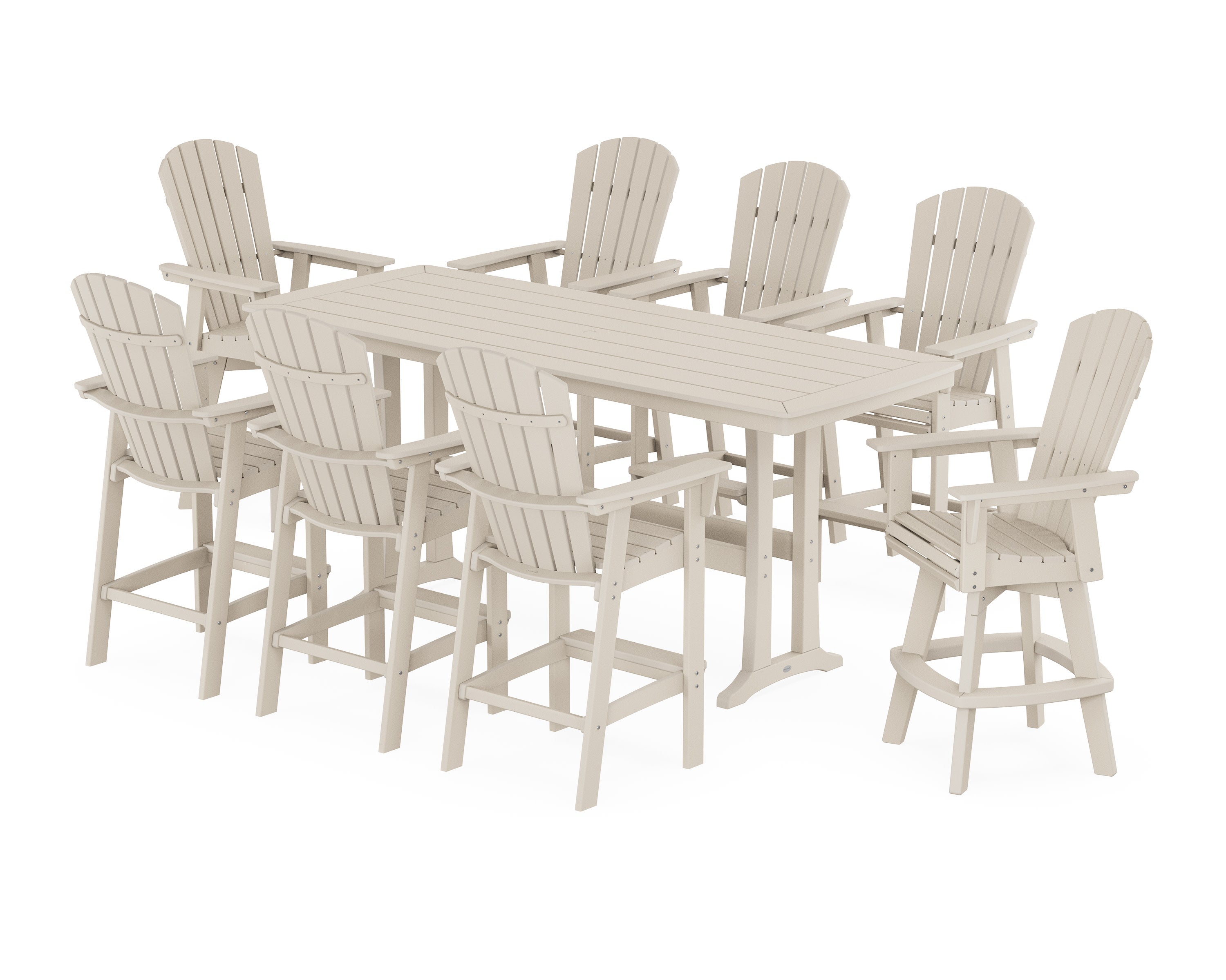 Nautical Curveback Adirondack Swivel 9-Piece Bar Set with Trestle Legs in Sand