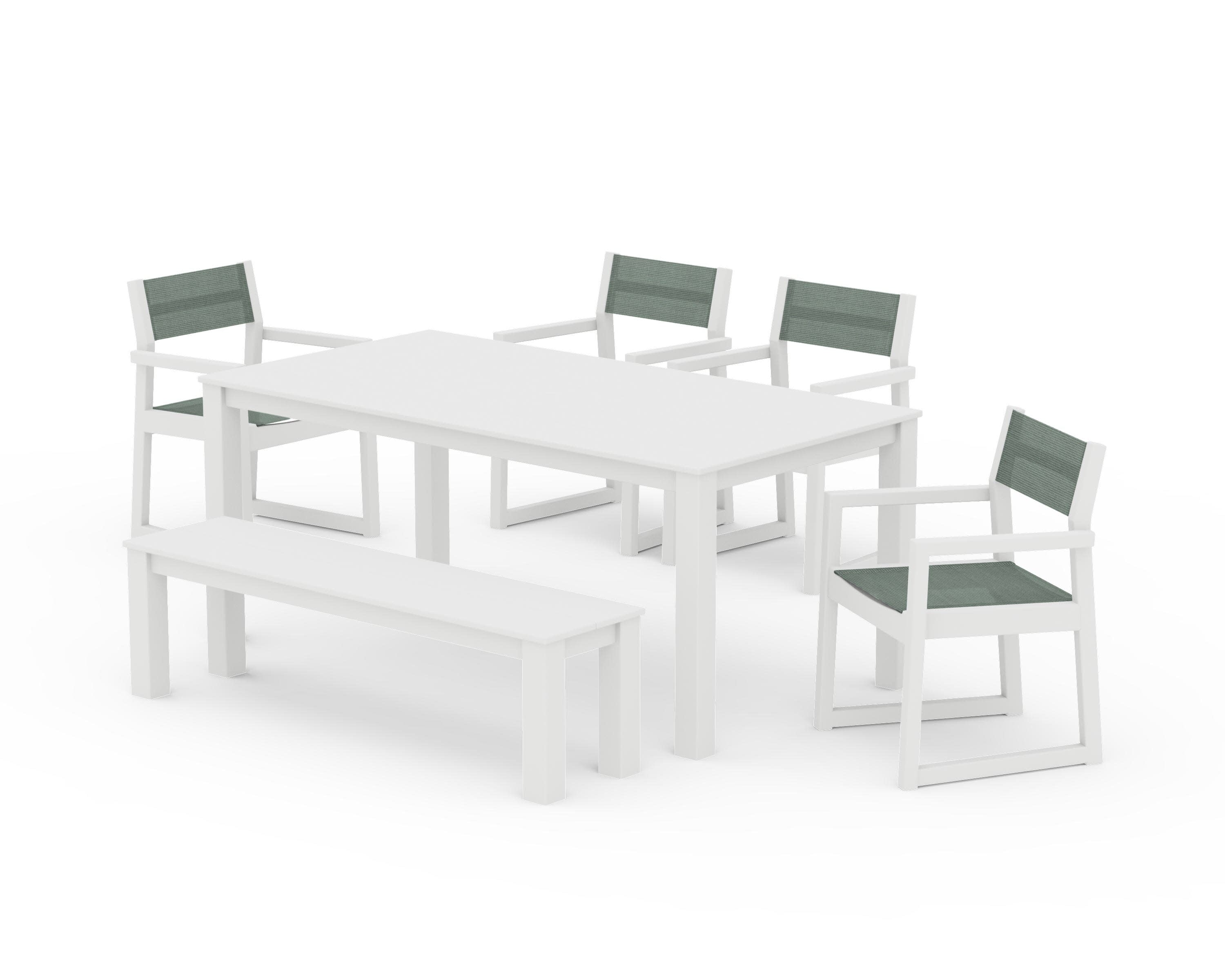 EDGE Sling Arm Chair 6-Piece Parsons Dining Set with Bench in White / Dupioni Sea Mist Sling