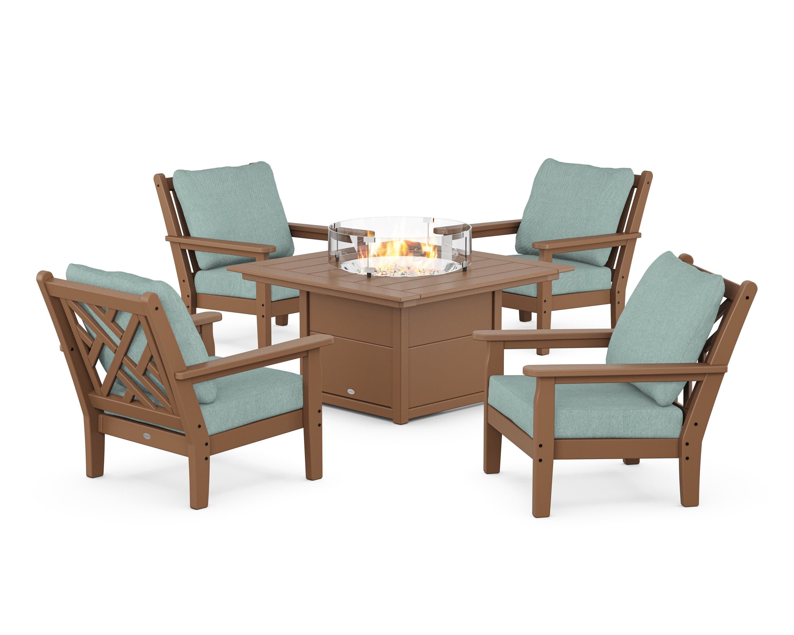 Chippendale 5-Piece Deep Seating Set with Fire Pit Table in Teak / Glacier Spa