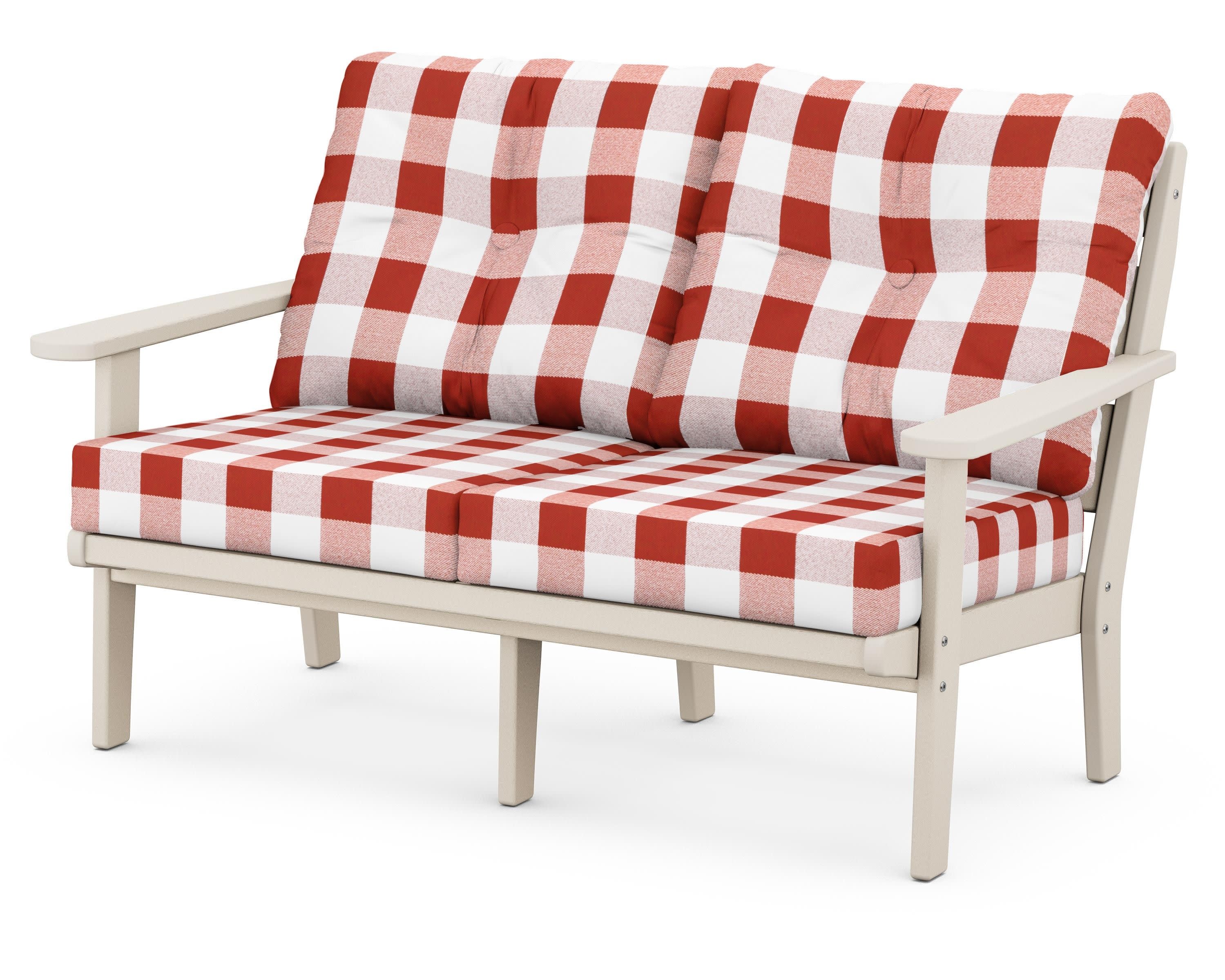 Lakeside Deep Seating Loveseat in Sand / Buffalo Plaid Crimson