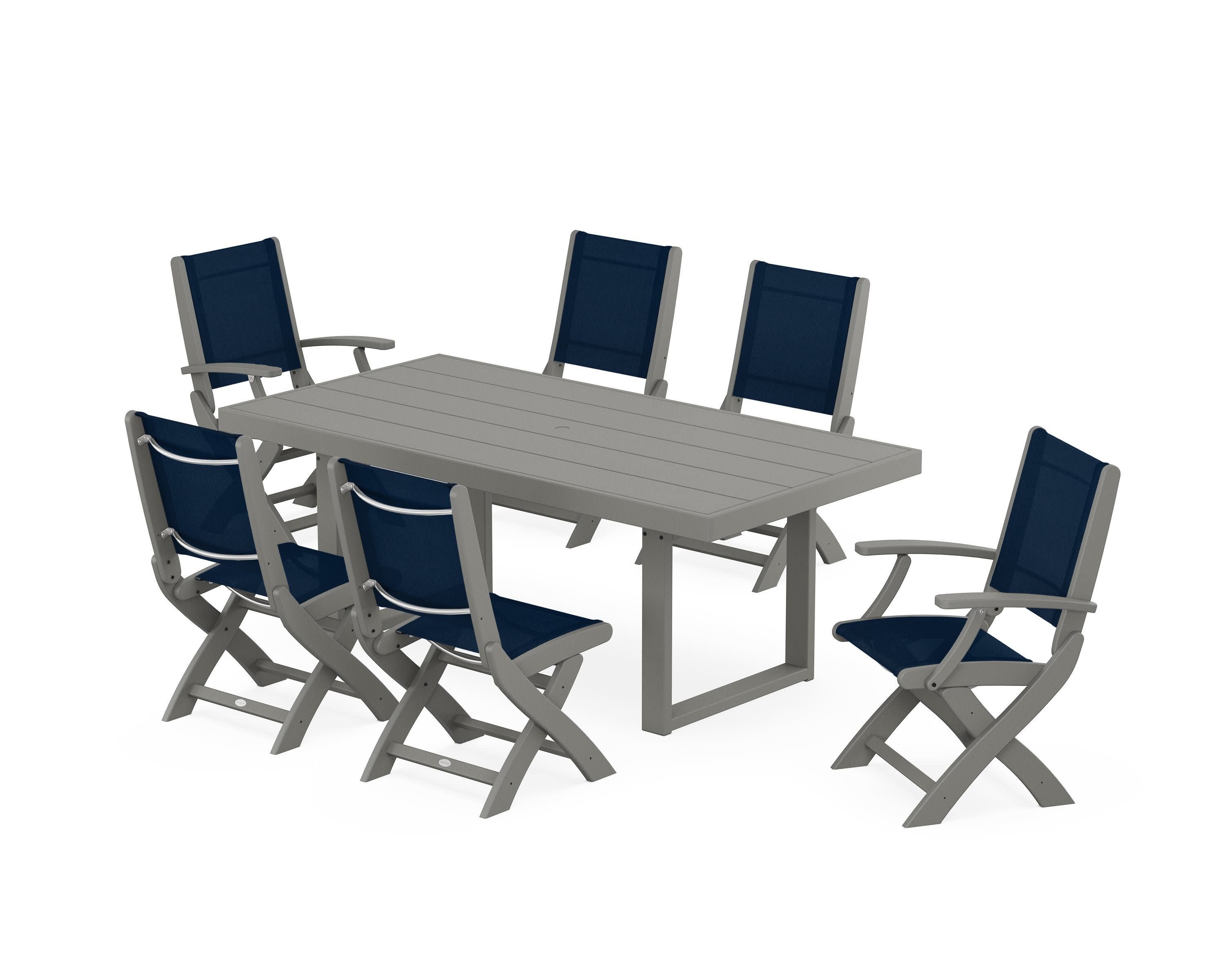 Coastal Folding Chair 7-Piece Dining Set with Trestle Legs in Slate Grey / Navy Blue Sling